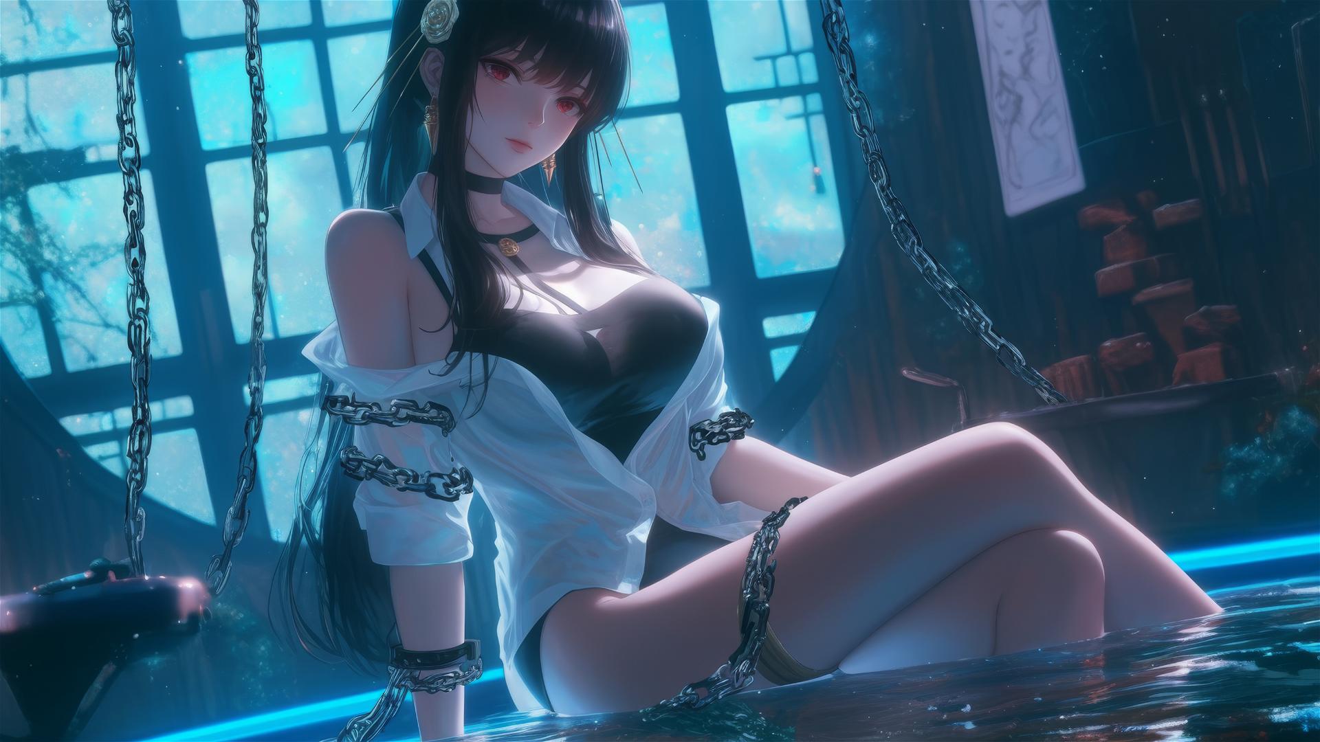 Yor Forger from Spy x Family chained in a tub, neon glow highlighting her.