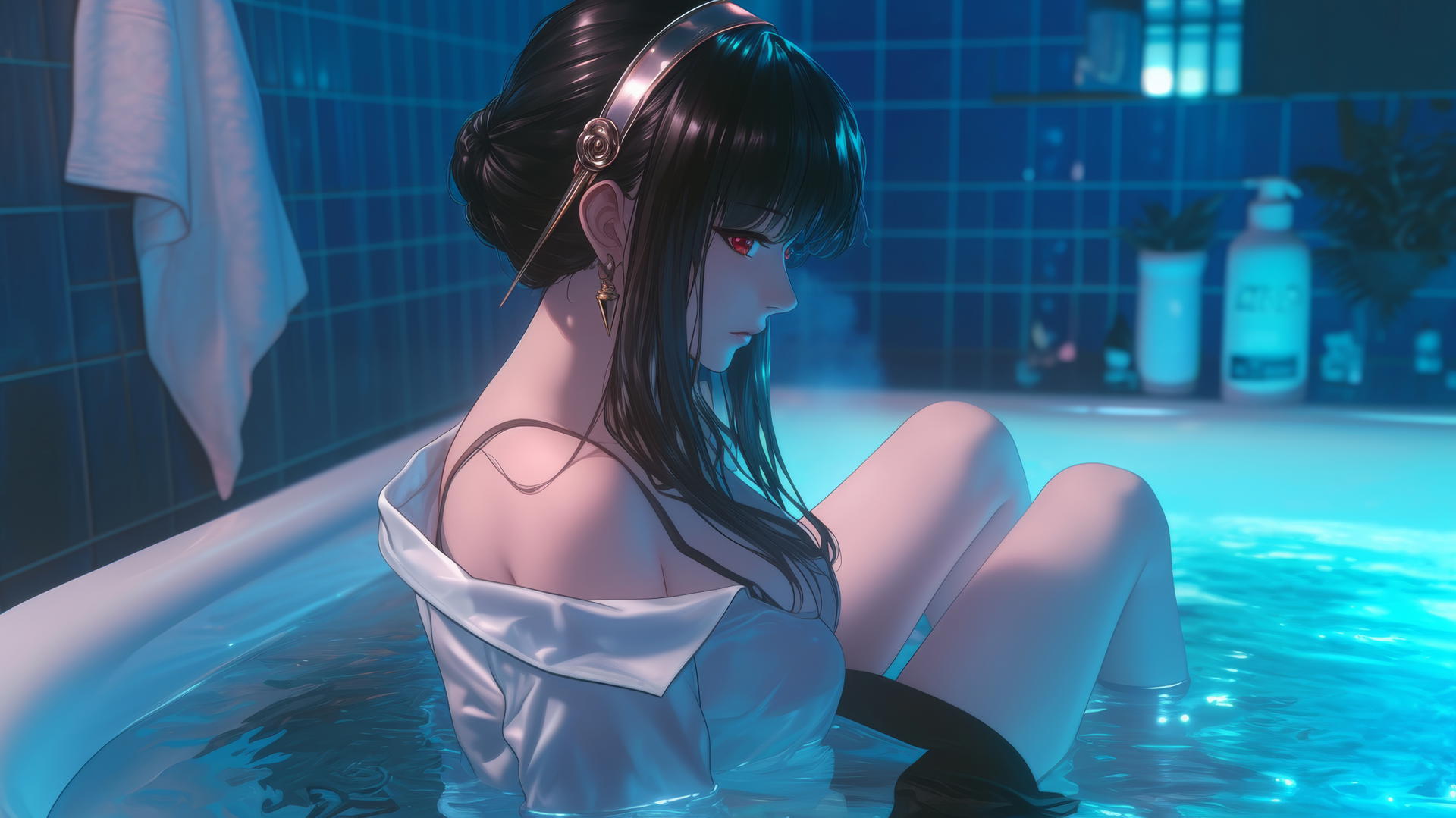 Yor Forger from Spy x Family in a white office shirt, in bathtub, neon lighting, thigh focus
