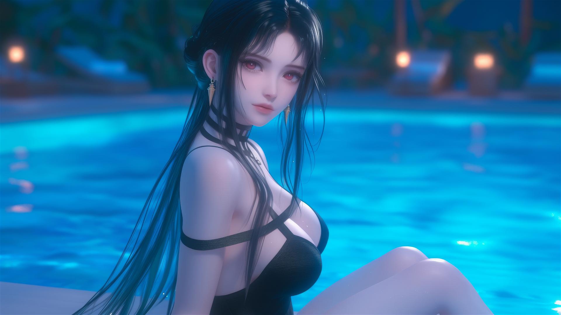 Yor Forger from Spy x Family sitting at a rainy pool with moonlight glow.