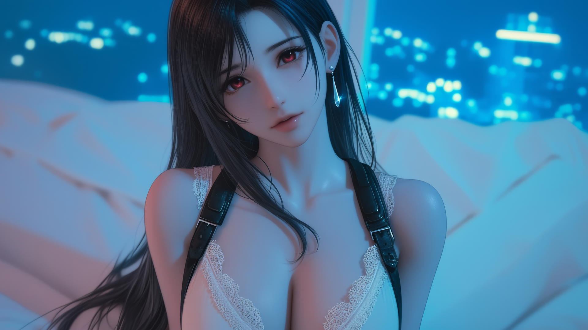 Tifa Lockhart in white office shirt, standing in modern hotel room with neon lighting.