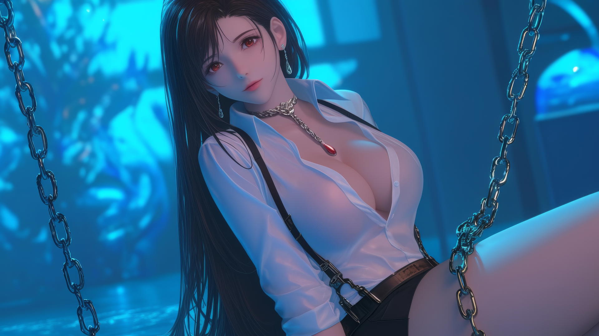 Tifa Lockhart from Final Fantasy, chained, in a white office shirt, basement, neon glow