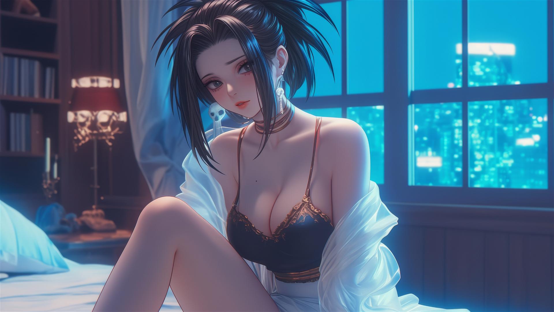 Momo Yaoyorozu in a modern hotel room with neon lights and thigh highlight