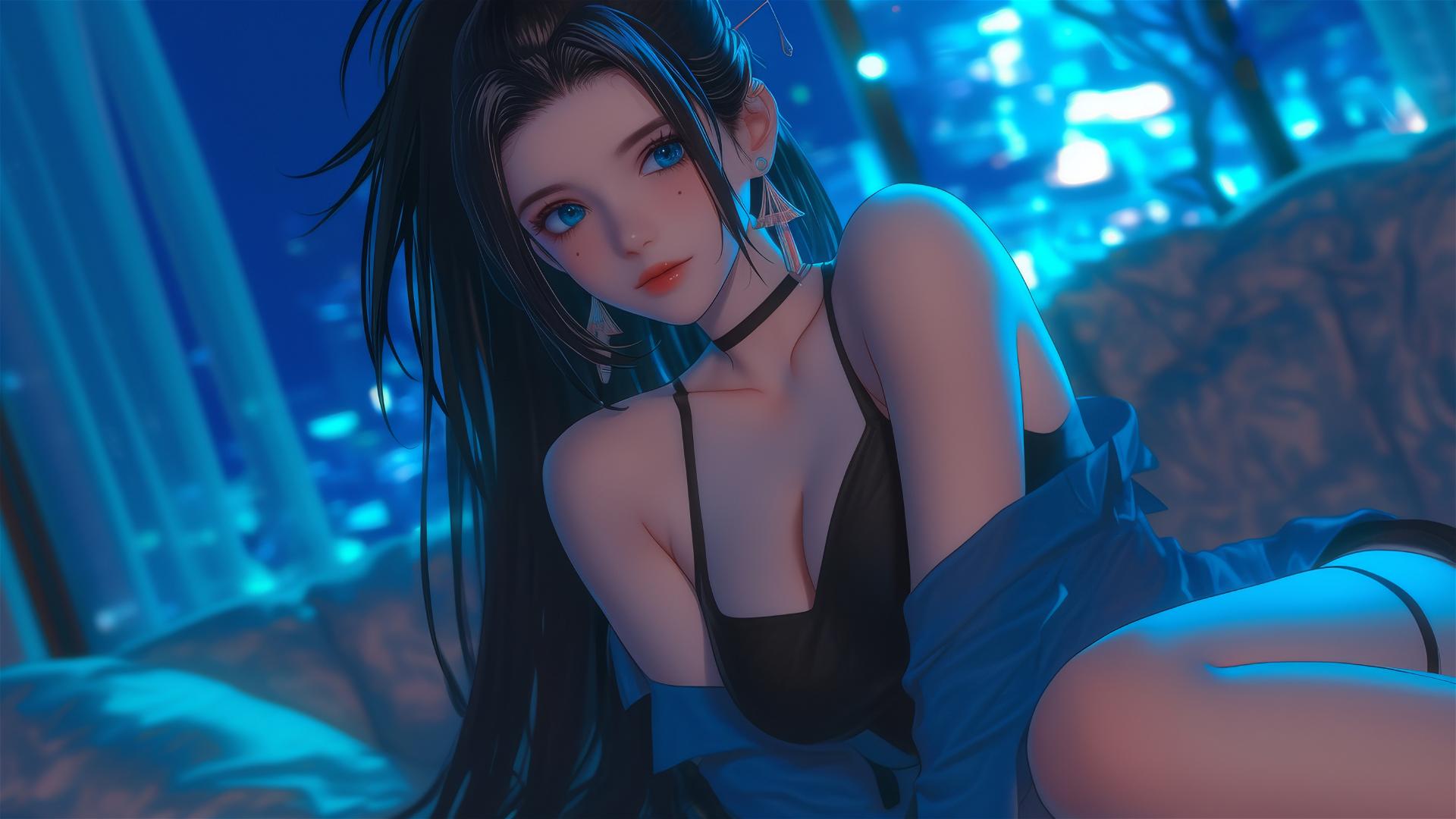 Momo Yaoyorozu from My Hero Academia in a modern hotel room with neon light glow
