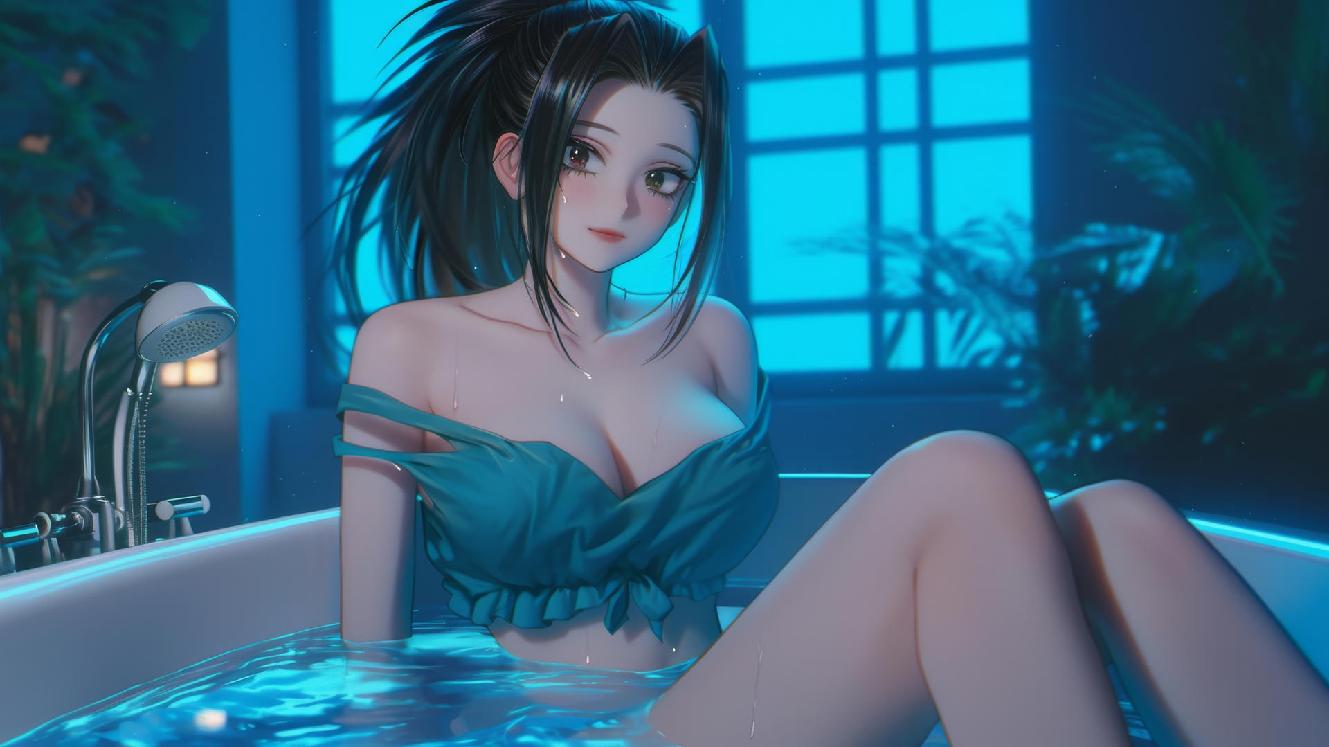 Momo Yaoyorozu in a tub with neon light casting a glow