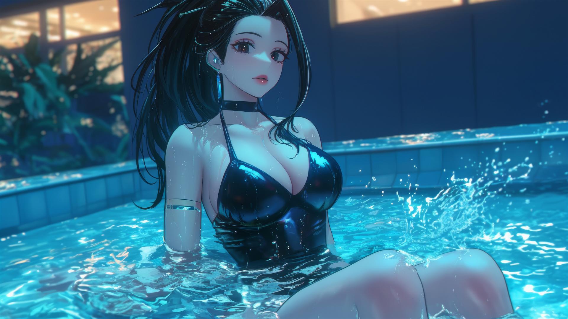Momo Yaoyorozu from My Hero Academia in modern hotel tub with soft neon glow