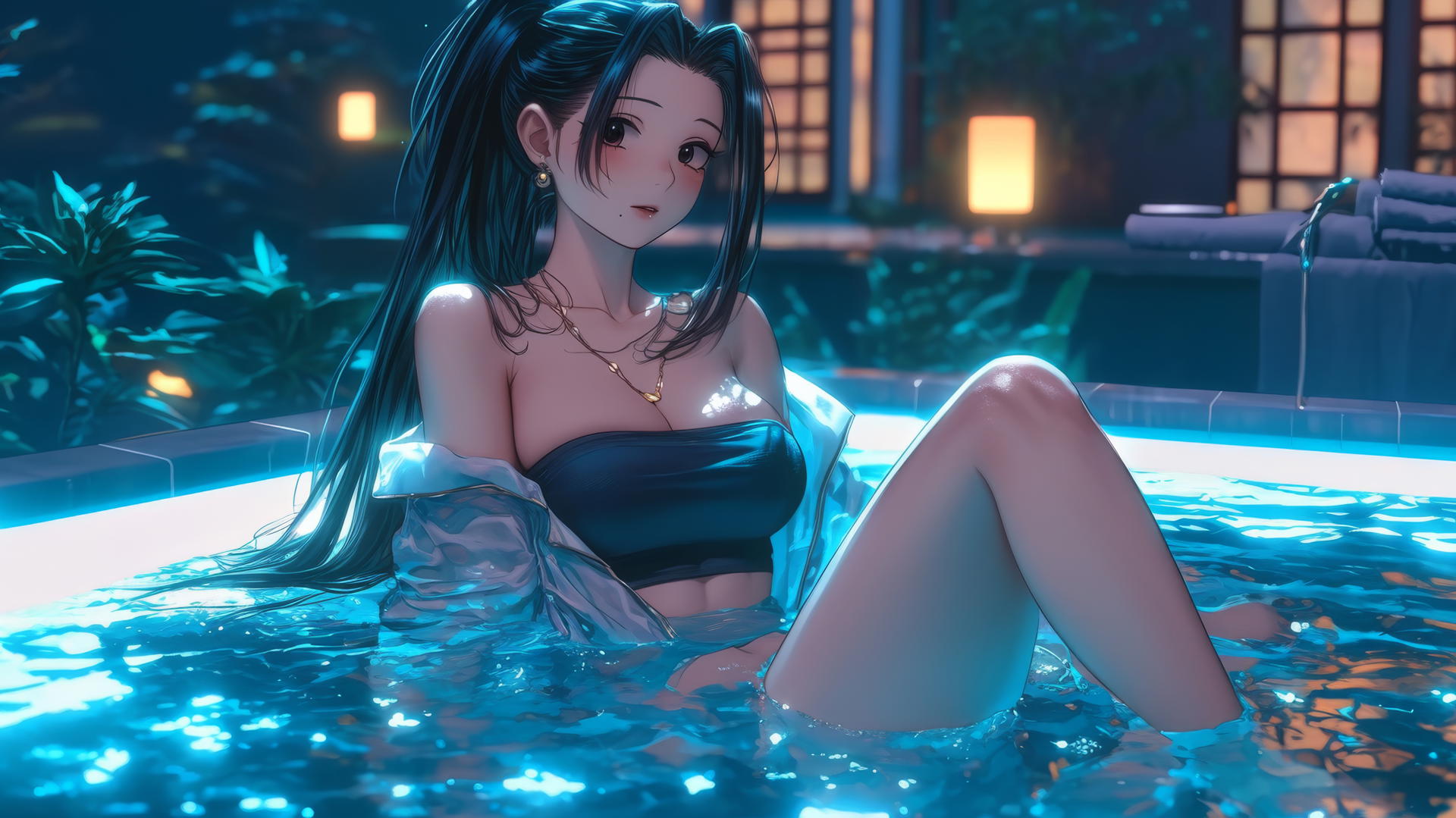 Momo Yaoyorozu from My Hero Academia in a modern hotel tub with neon light glow