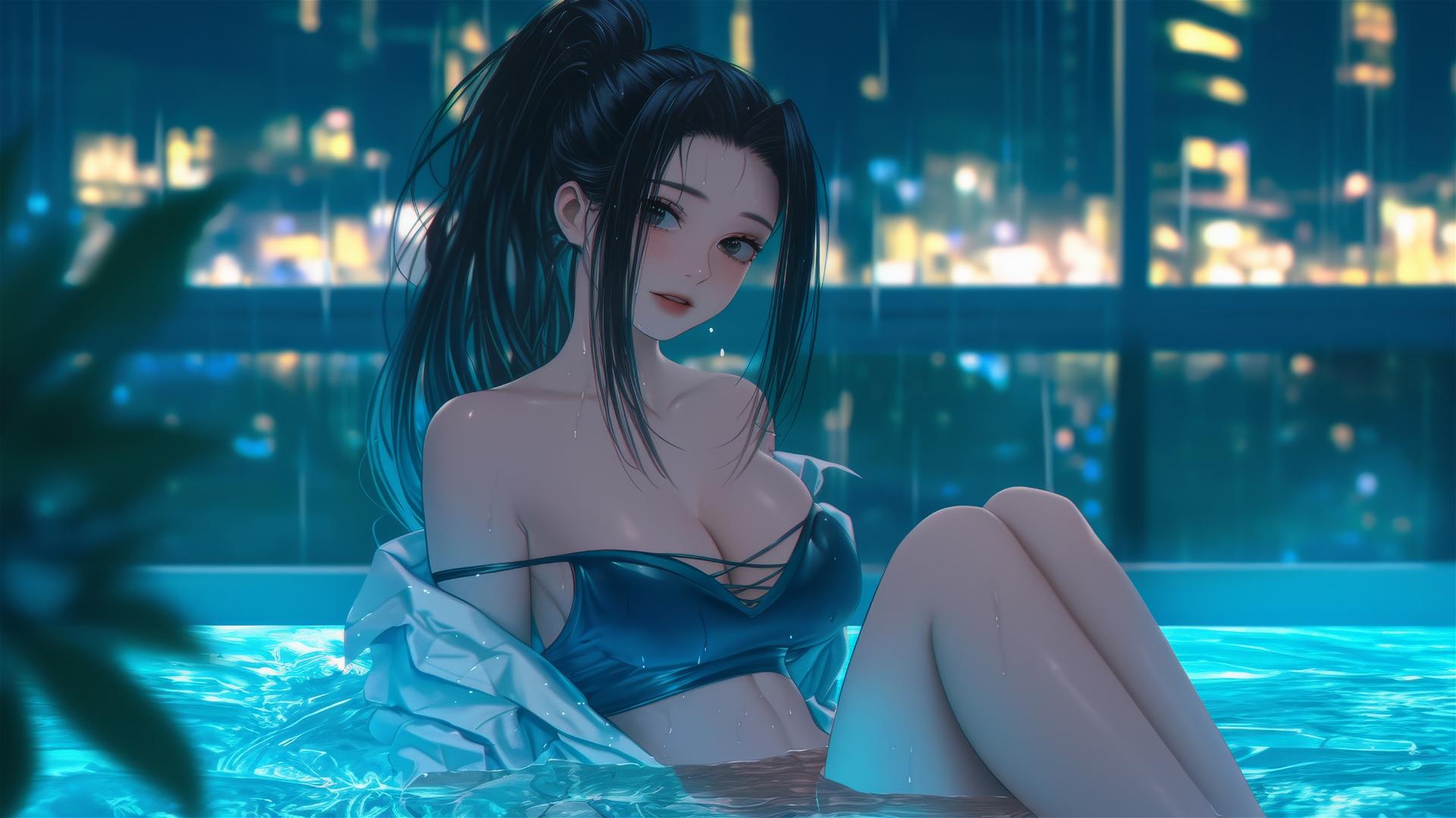 Momo Yaoyorozu from My Hero Academia in a modern hotel tub, neon glow