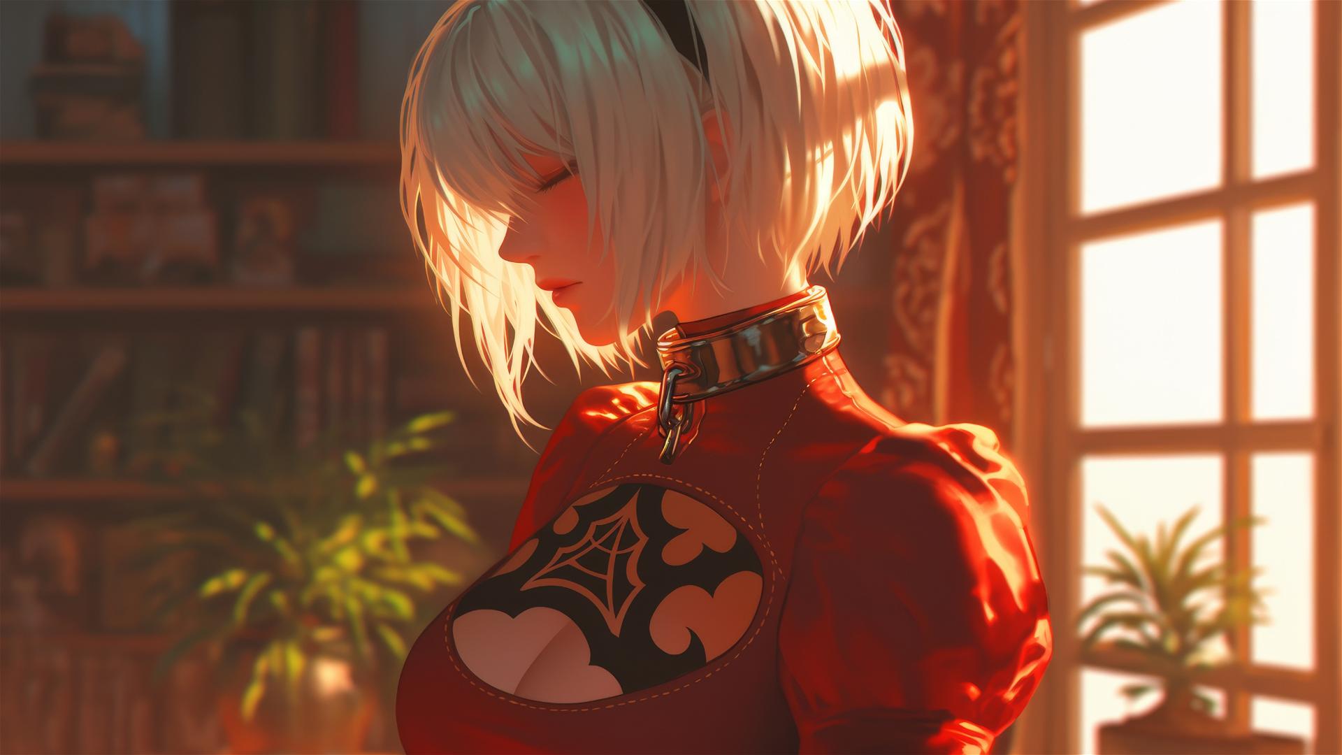 2B from Nier in a red outfit chained by the neck in a modern hotel room with warm light