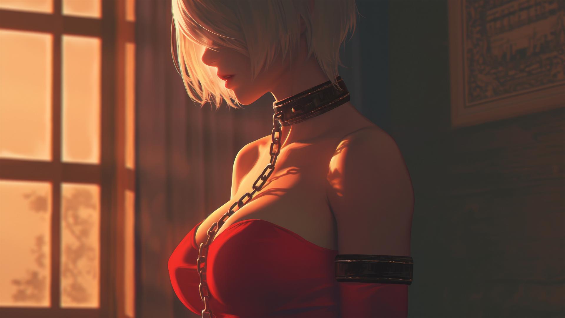 2B from Nier in a modern hotel room, neck locked with thick iron chains, wearing red.
