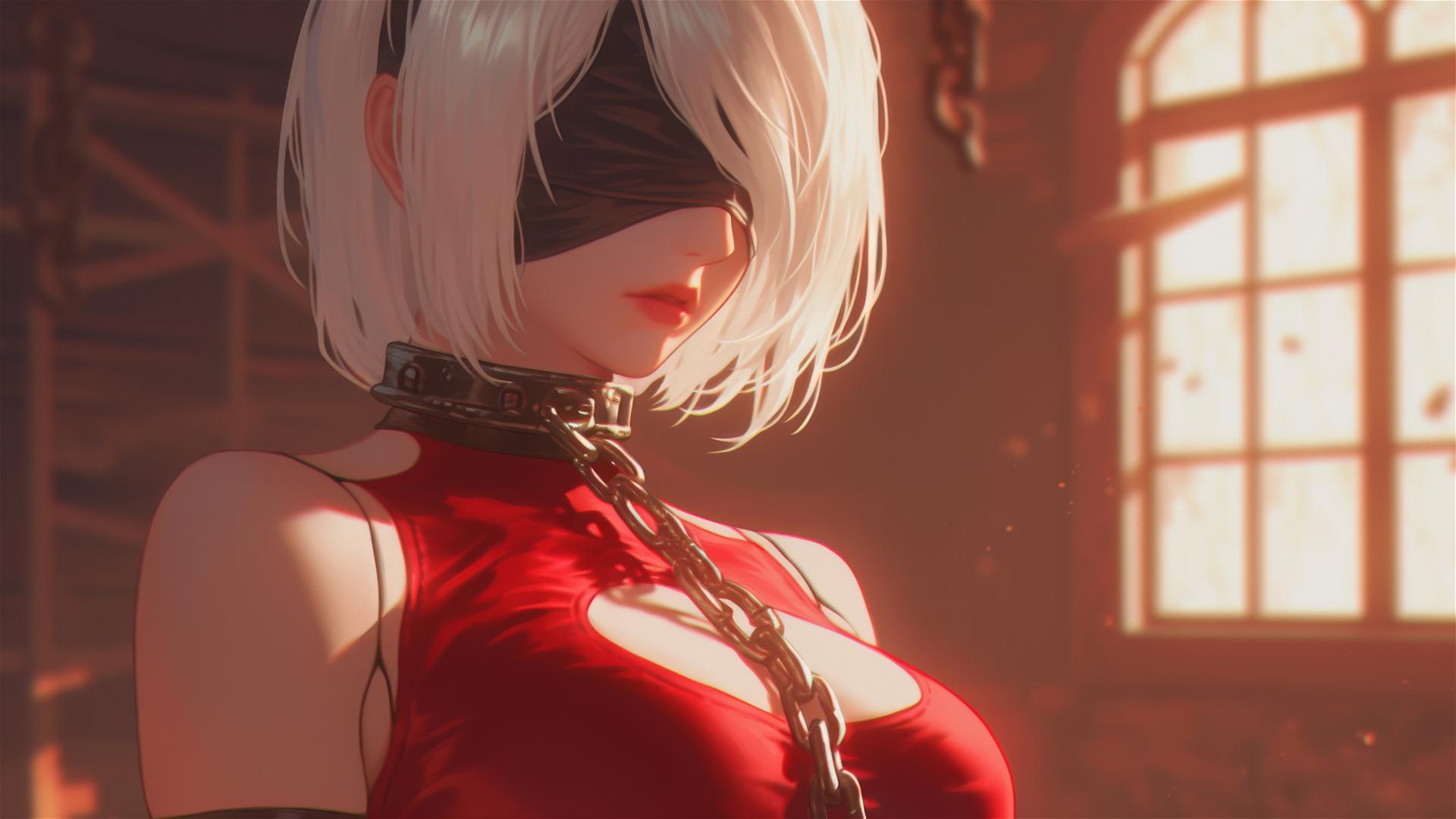 2B from Nier in chains, wearing blindfold and red outfit, in modern hotel room