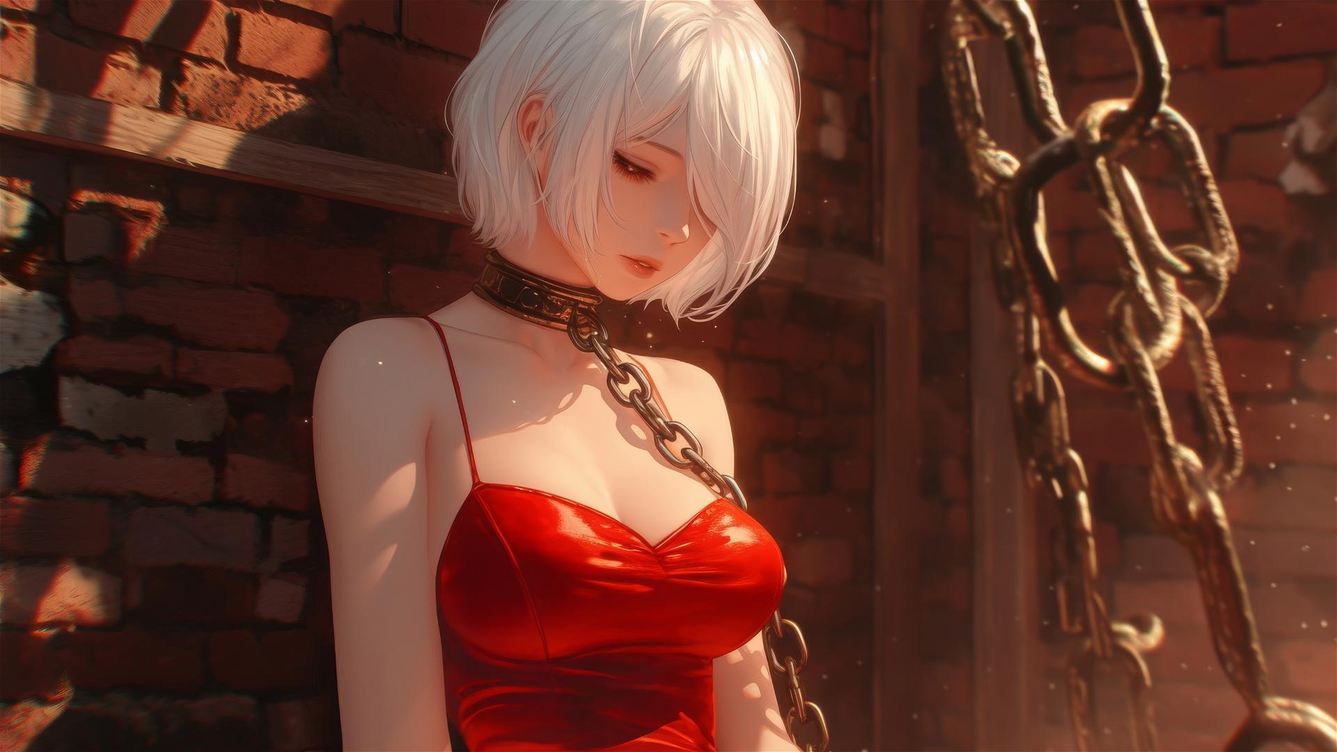 2B from Nier in red with blindfold and neck chained, in warm-lit apartment tub