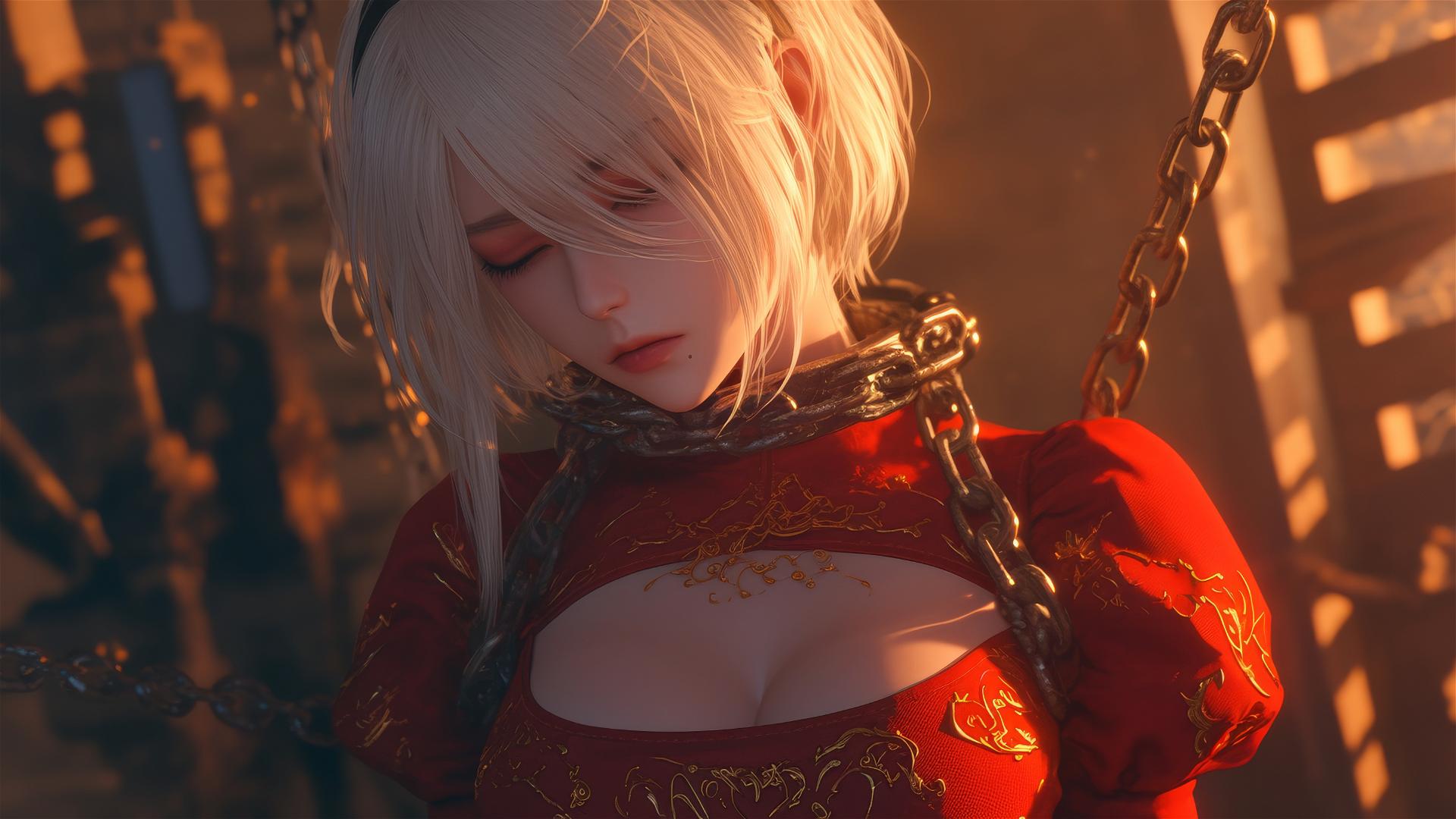 2B from Nier in red outfit with blindfold, neck locked with thick iron chains, soft warm light