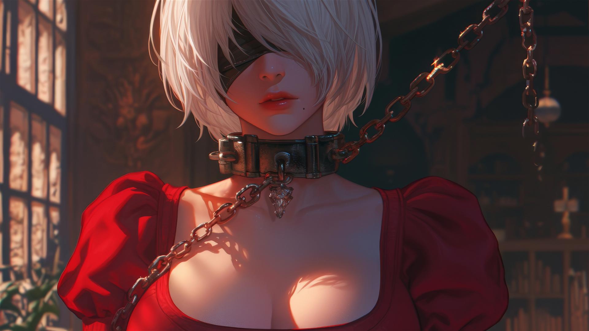 2B from Nier in red outfit with blindfold, chained by neck in warm-lit tub