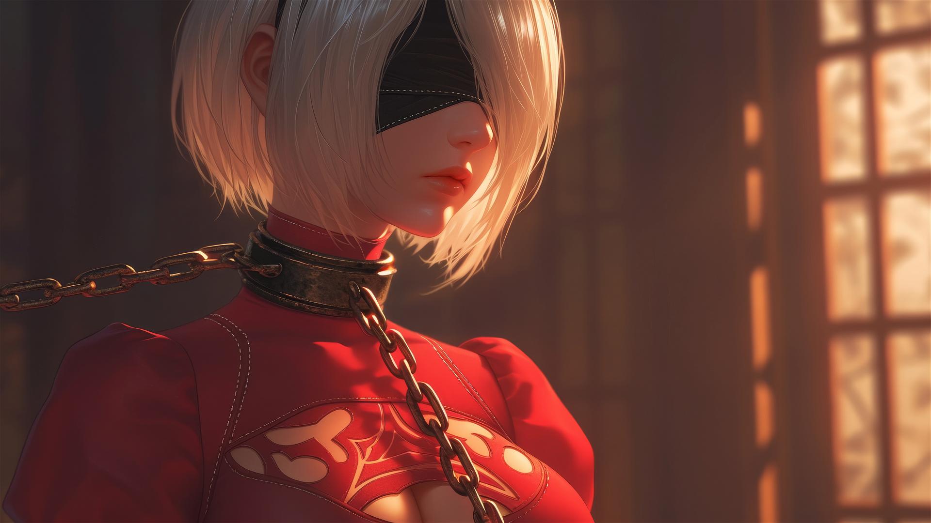 2B from Nier, neck locked with thick iron chains, wearing all red, in a modern hotel room, warm light glow.