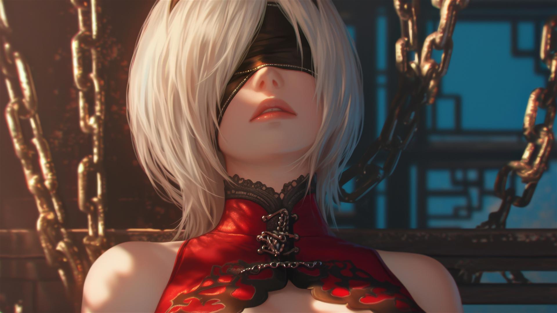 2B from Nier, neck locked with iron chains, wearing all red and blindfolded, in a warm-lit modern hotel room.