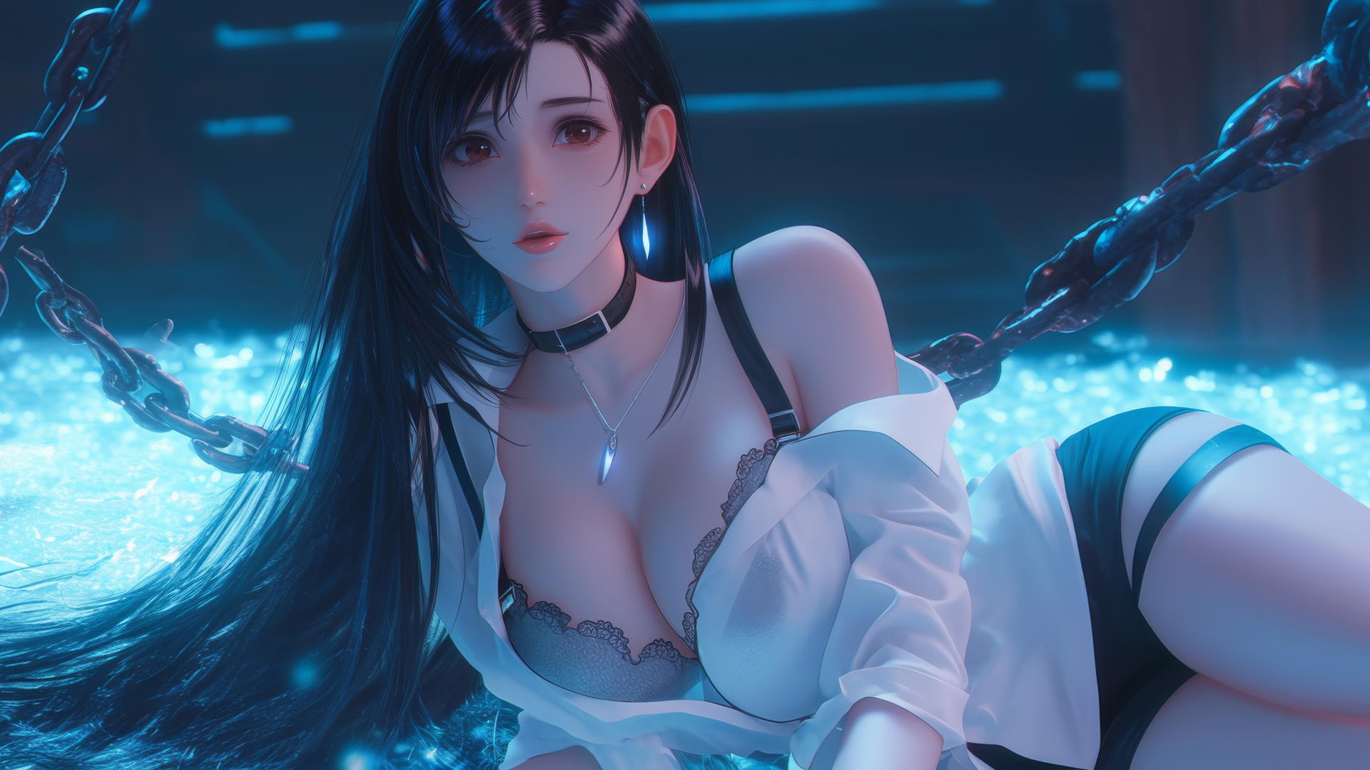 Tifa Lockhart in chains, wearing a white office shirt, in a neon-lit dark basement.
