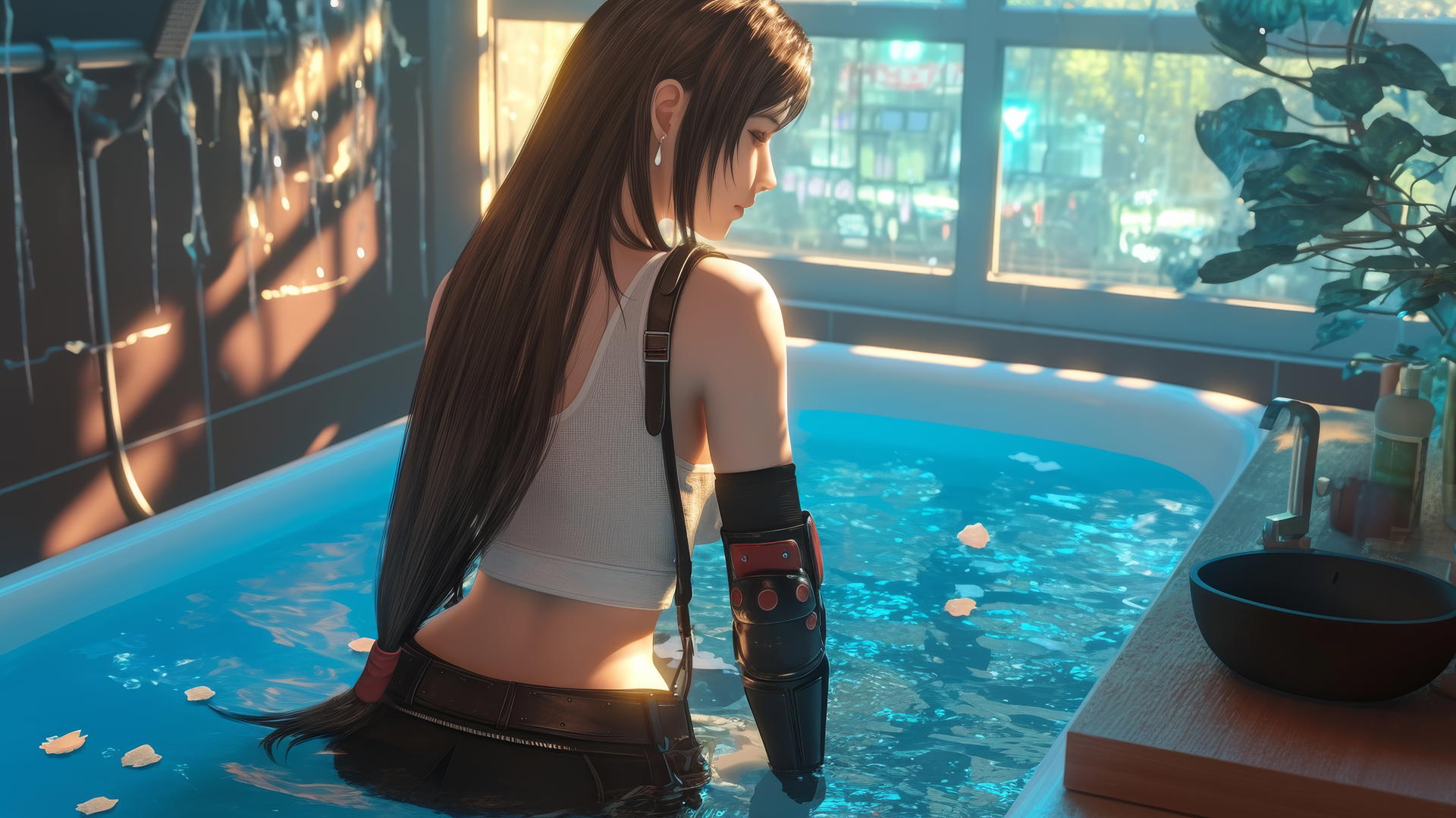 Tifa Lockhart from Final Fantasy standing in a modern apartment with warm lighting.