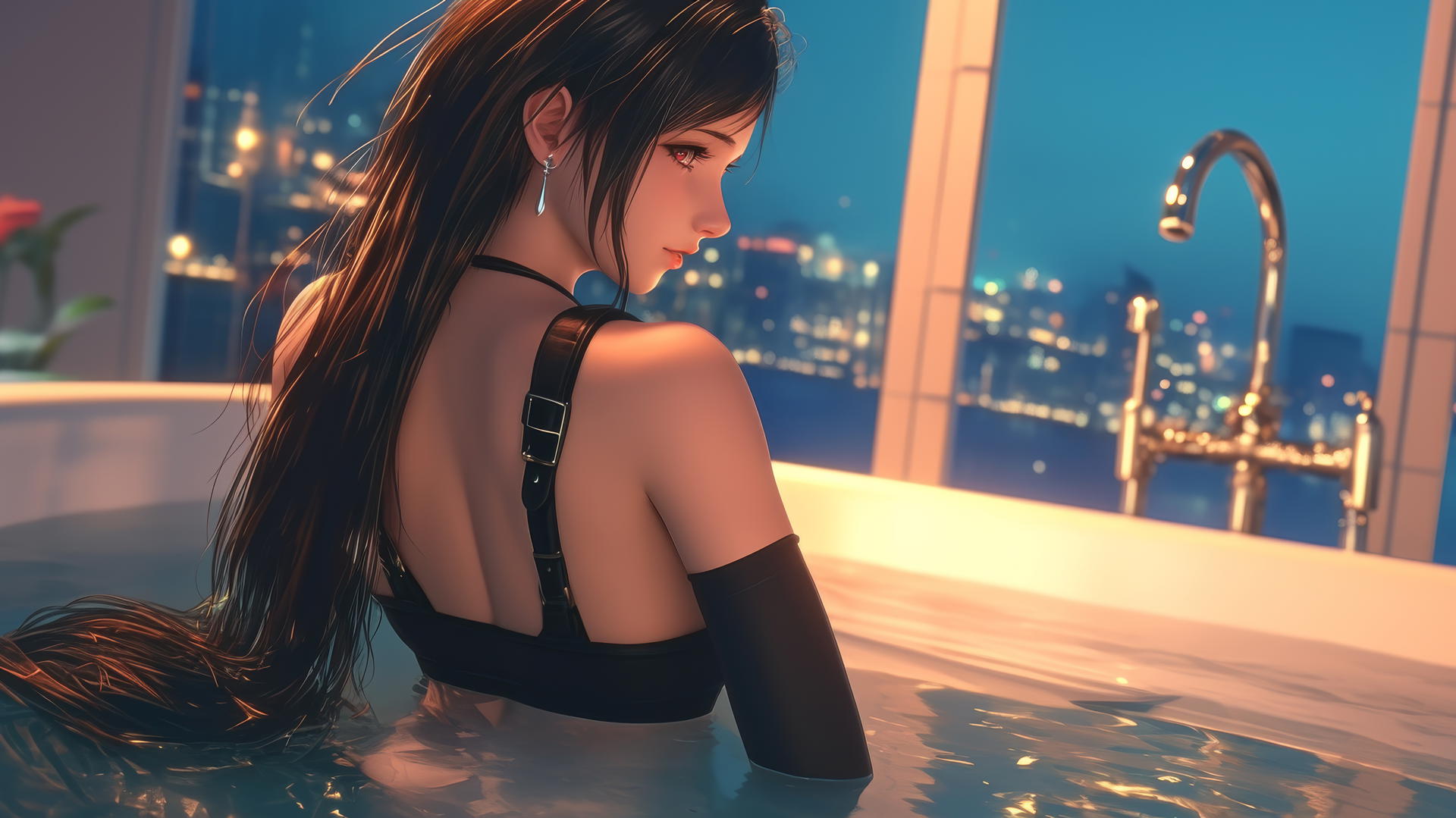 Tifa Lockhart from behind in a modern apartment with warm light