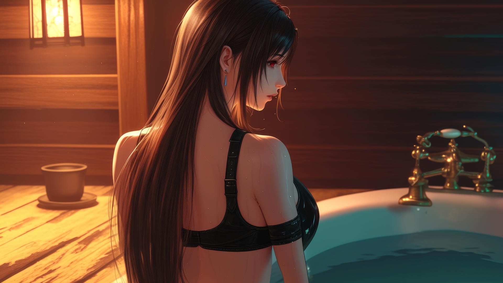 Looking Tifa Lockhart from Final Fantasy from behind in a modern apartment bathroom