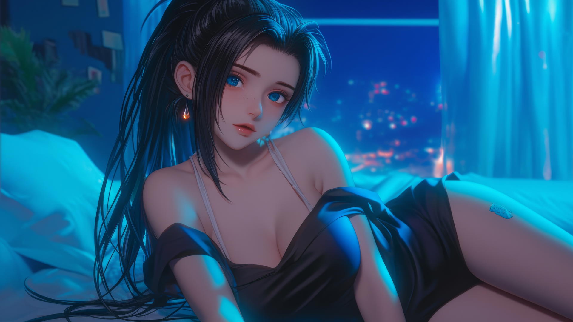 Momo Yaoyorozu from My Hero Academia in a modern hotel room with neon lighting