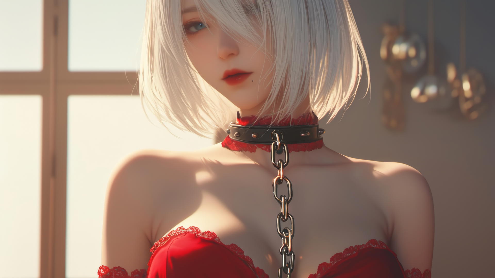 2B in red outfit with iron neck chains in a hotel room