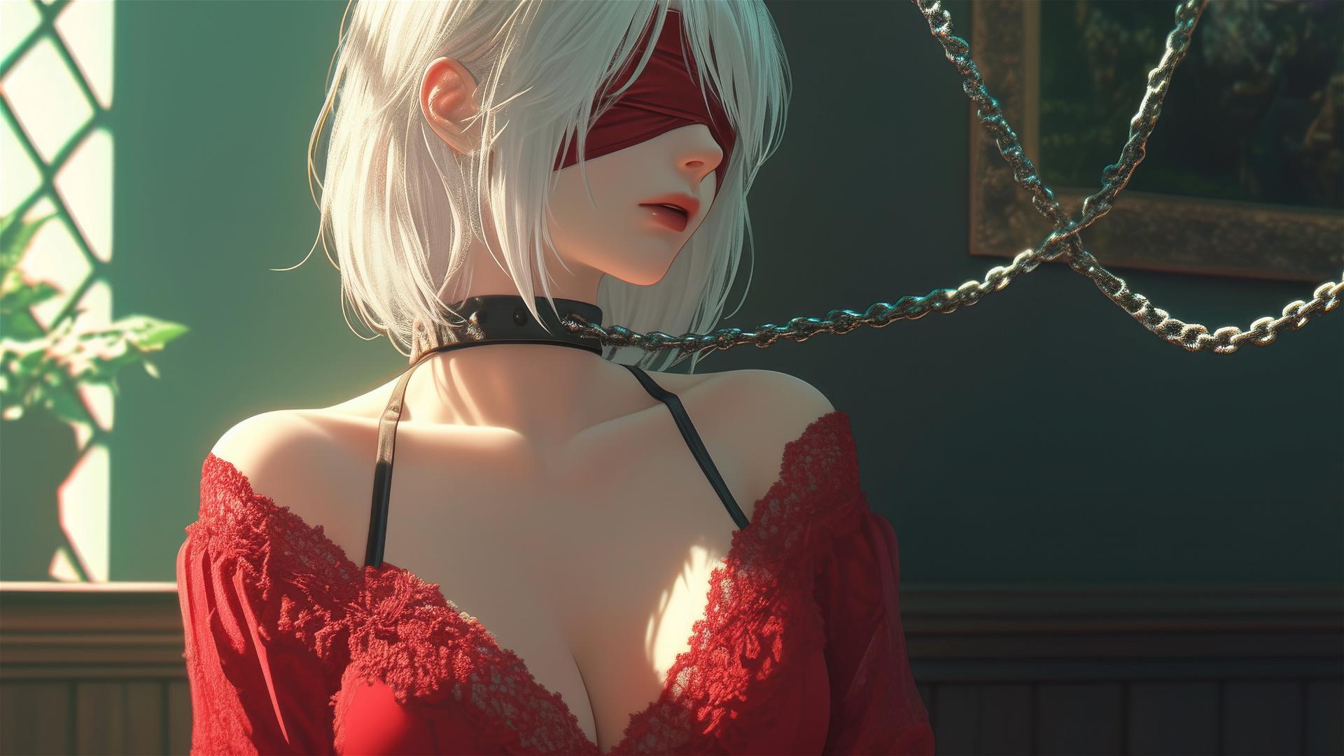 2B from Nier in a modern hotel room, neck locked with iron chains, wearing a red blindfold and outfit