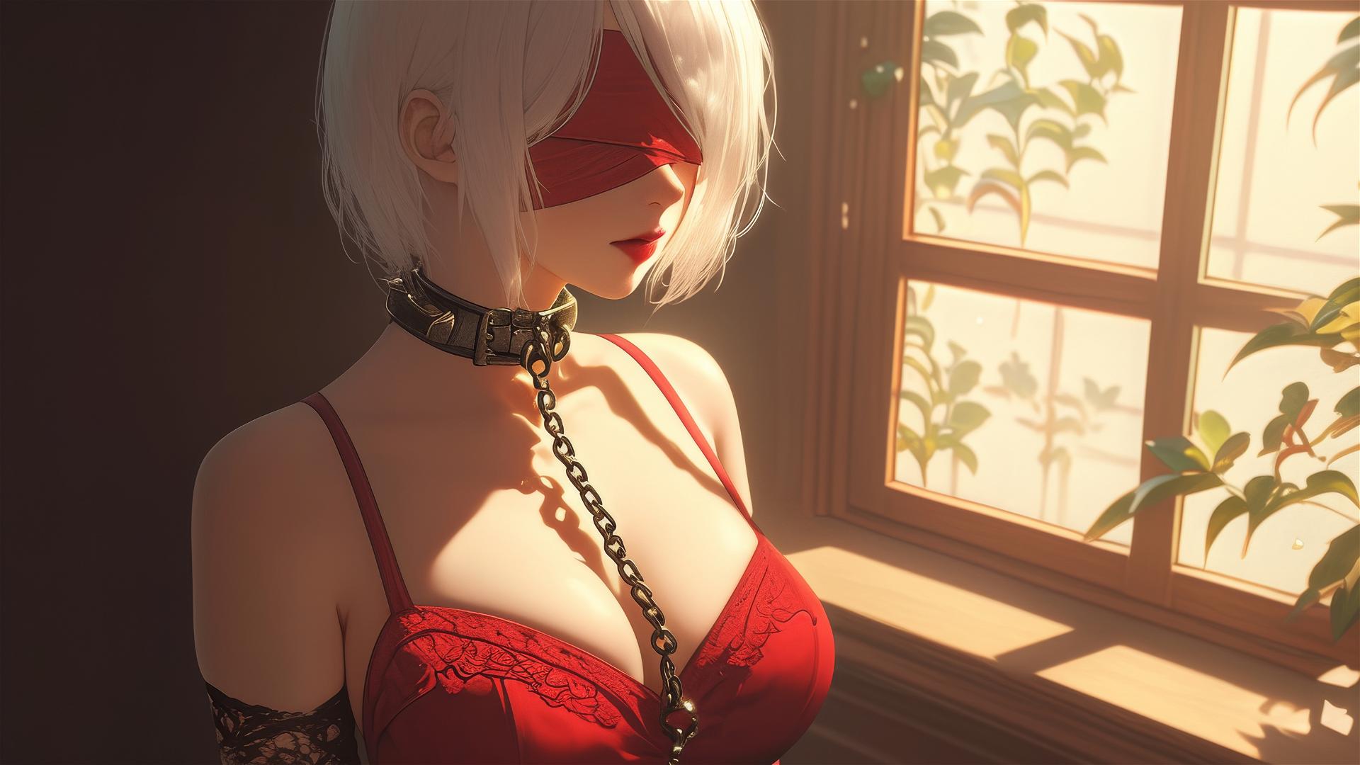 2B from Nier with red outfit and blindfold, neck locked with iron chains in modern hotel room