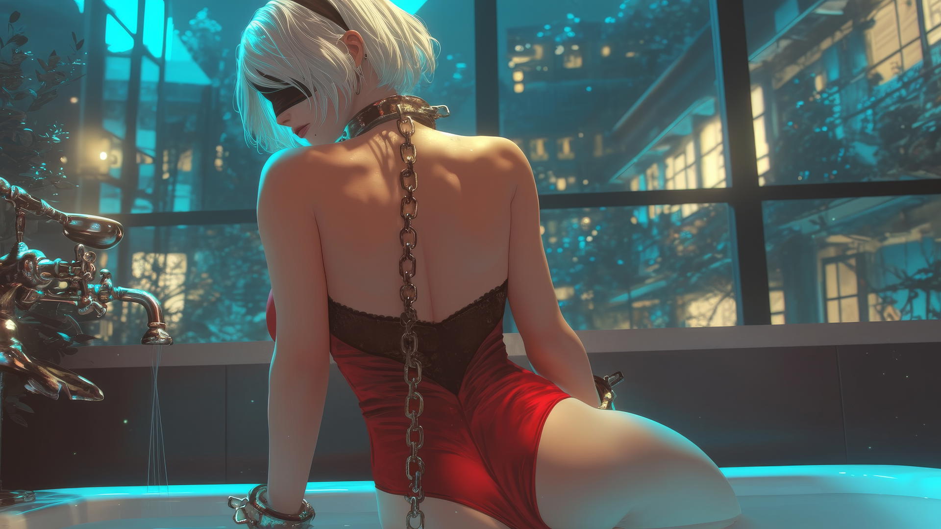 2B from Nier in red with neck locked by chains, warm light glow