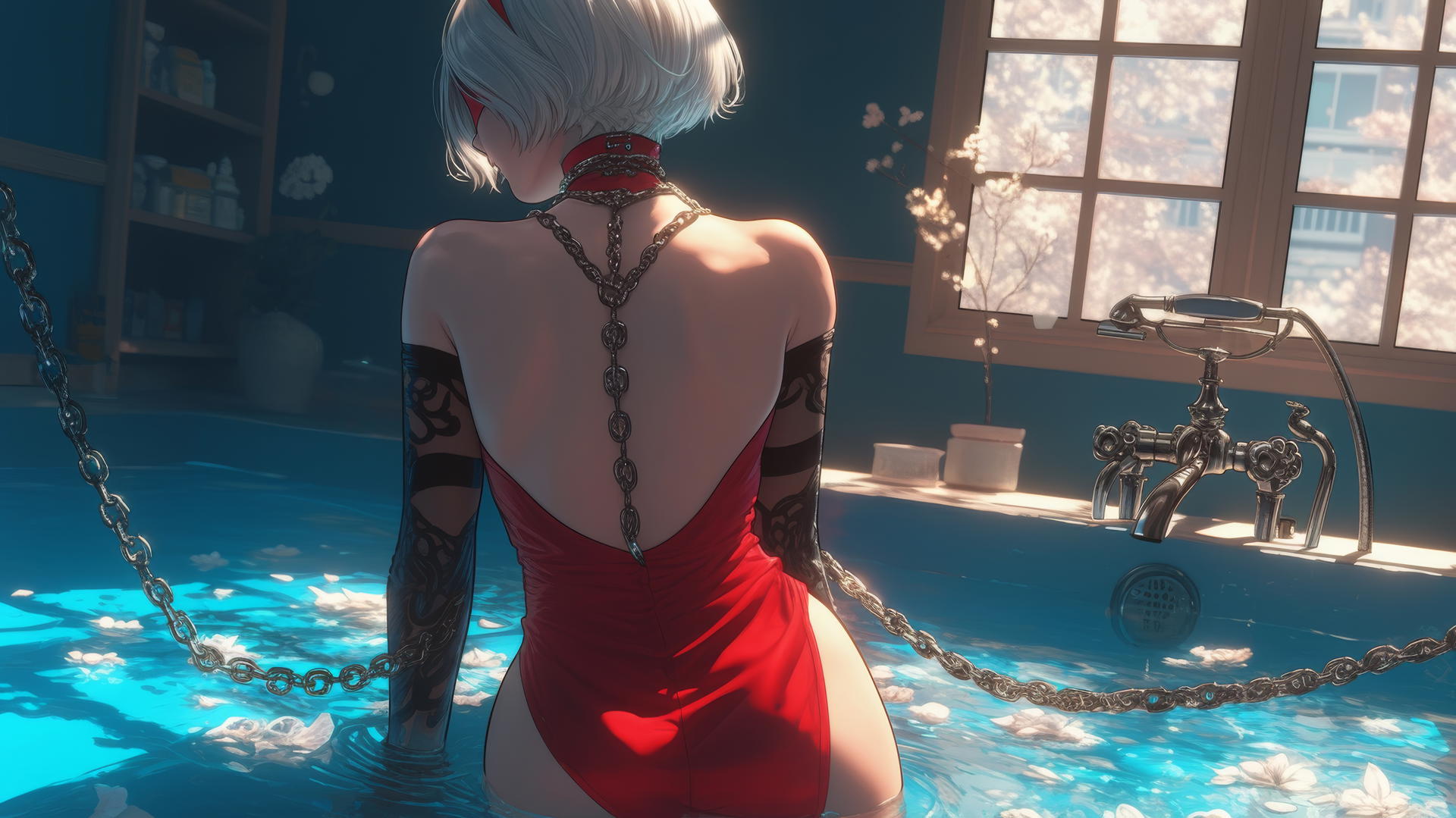 2B from Nier with iron chains on neck, wearing red, in a modern apartment tub.