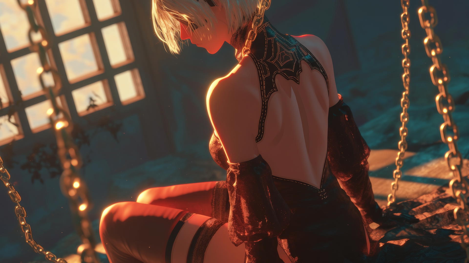 2B from Nier seen from behind with neck locked by thick iron chains, blindfolded, in a modern hotel room with warm lighting.