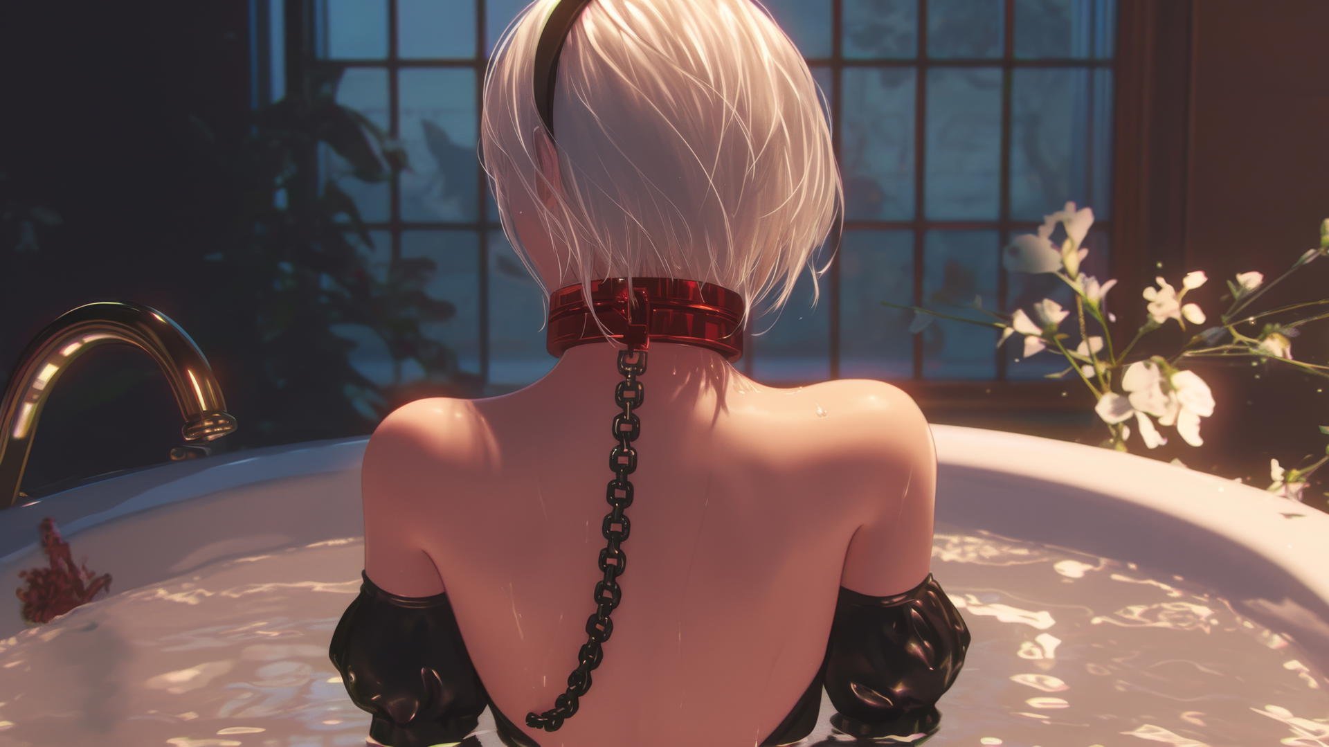 2B from Nier with neck locked in thick iron chains, wearing red blindfold, in a modern apartment tub