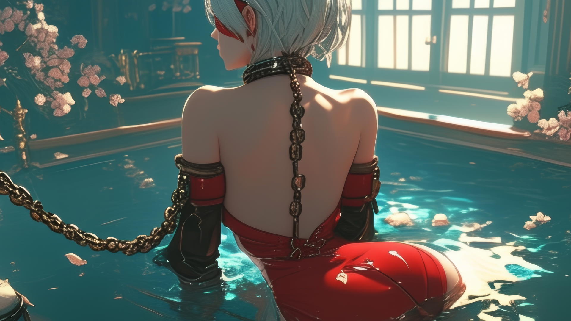 2B from Nier seen from behind, neck chained, in red attire and blindfold, soft warm light in a modern apartment.