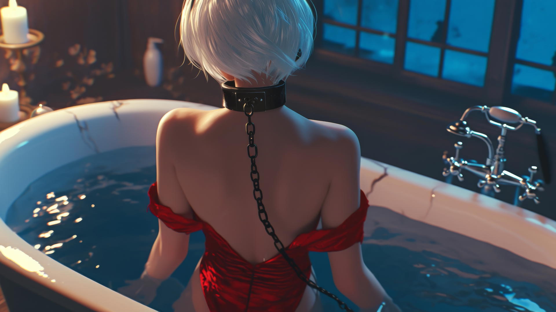 2B from Nier in red, chained at the neck, in a softly lit modern apartment tub