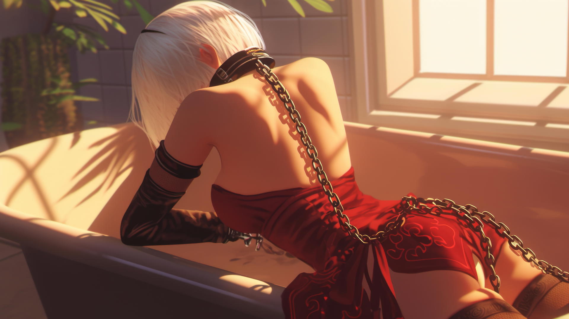 2B from Nier in red attire, neck locked with iron chains, glowing in warm light