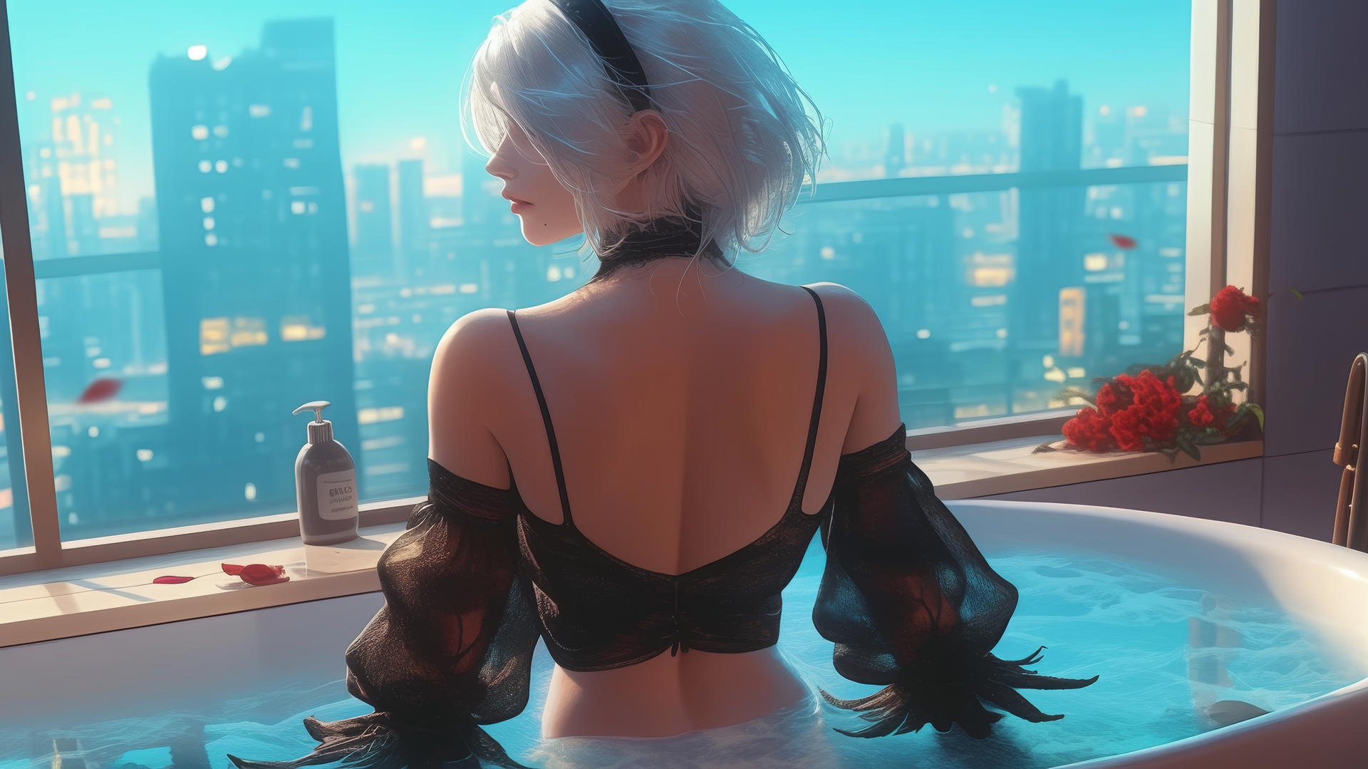 2B from Nier in a modern apartment with warm light casting a soft glow