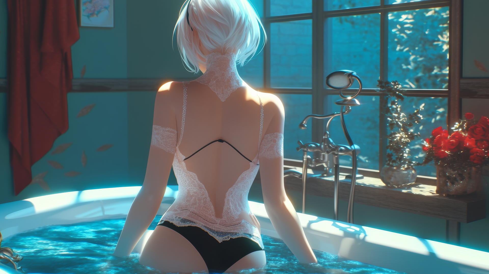 2B from Nier looking from behind, wearing white, in a modern apartment with warm lighting