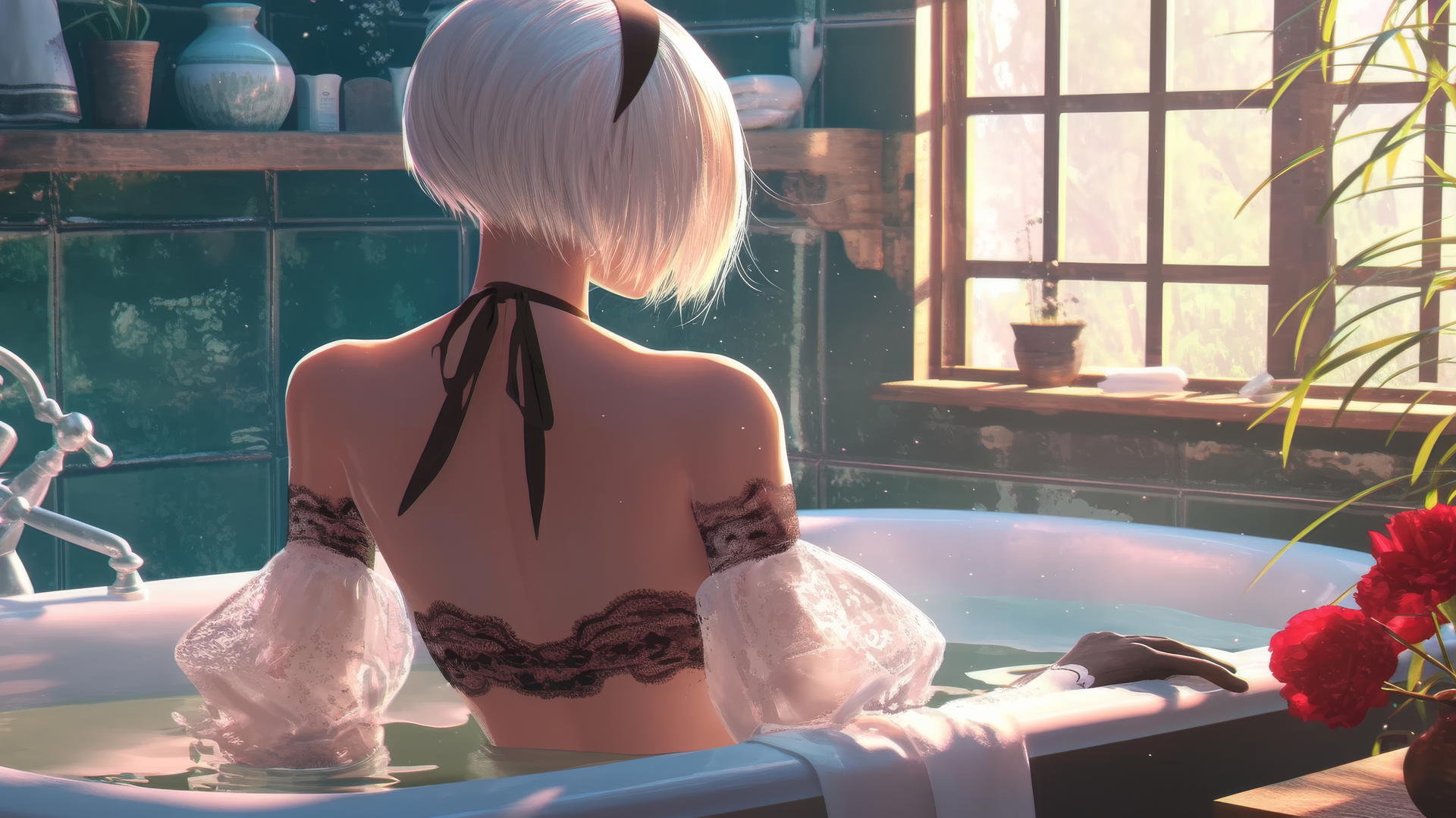 2B from Nier seen from behind in a modern apartment's warm-lit bathroom