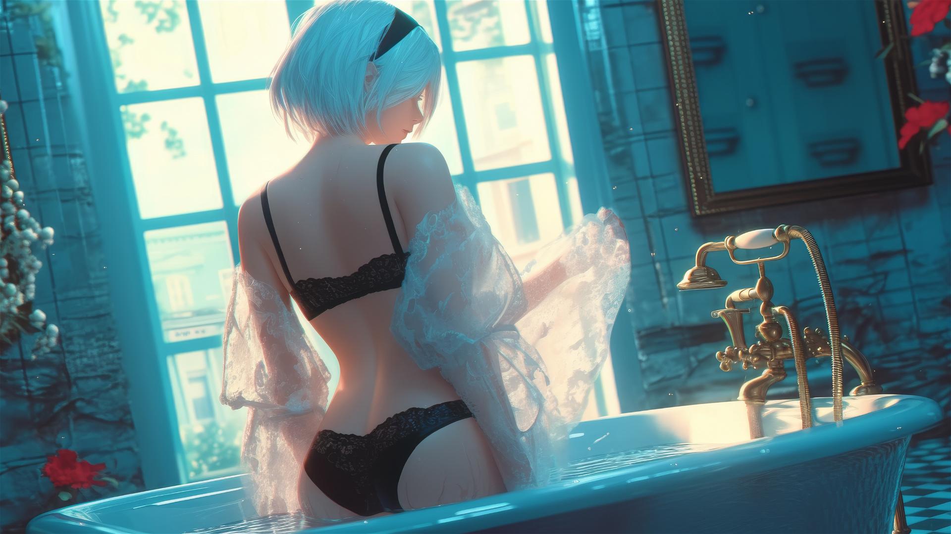 2B from Nier viewed from behind in a modern apartment, warm light glow