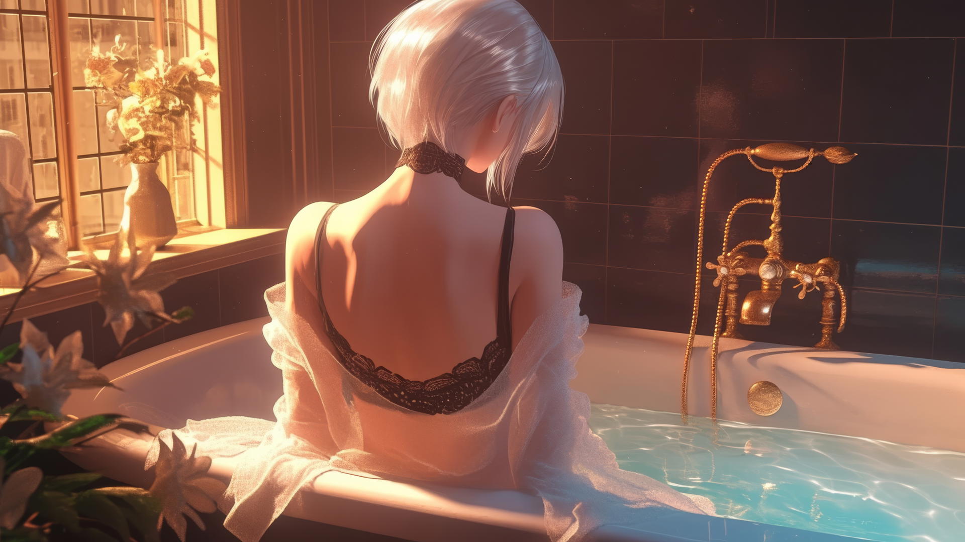 2B from Nier viewed from behind in a modern apartment with warm light