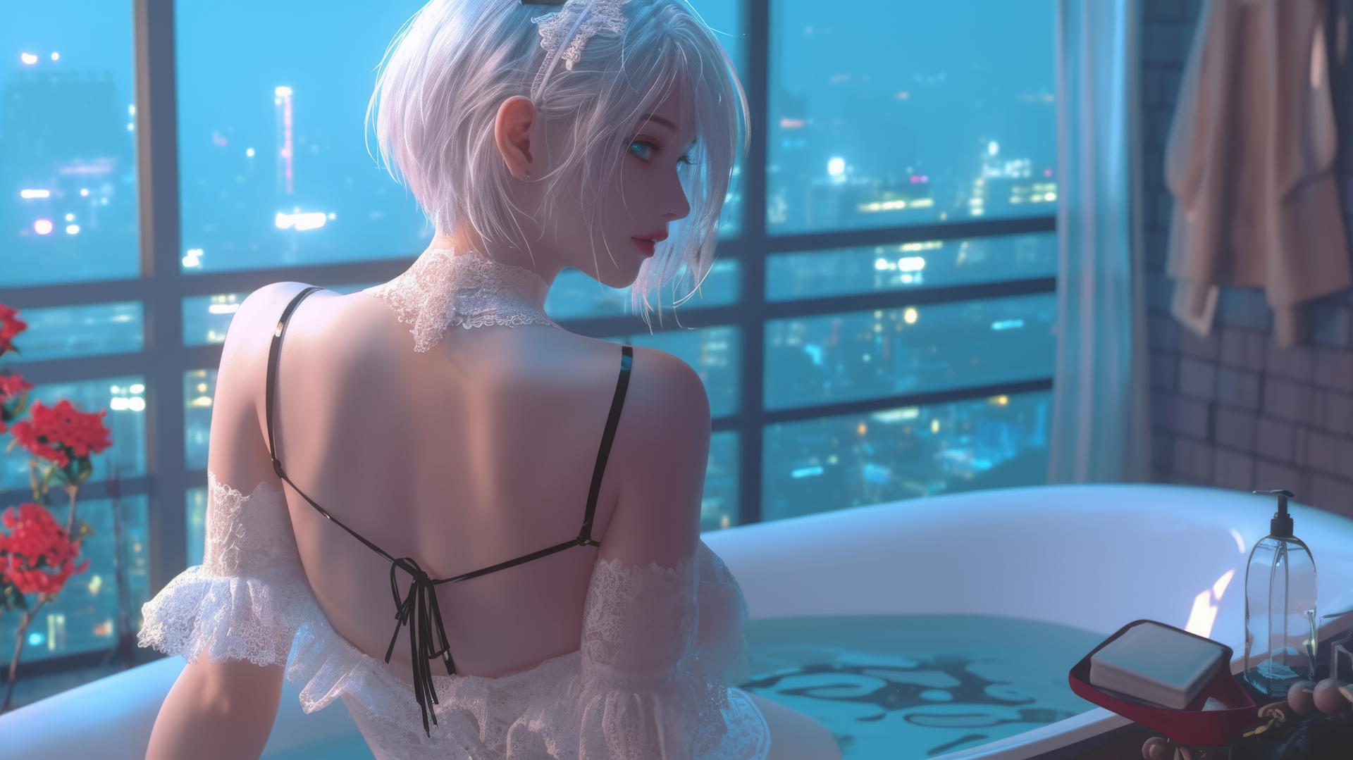 2B from Nier, in white, at a tub in a modern apartment, warm light glow