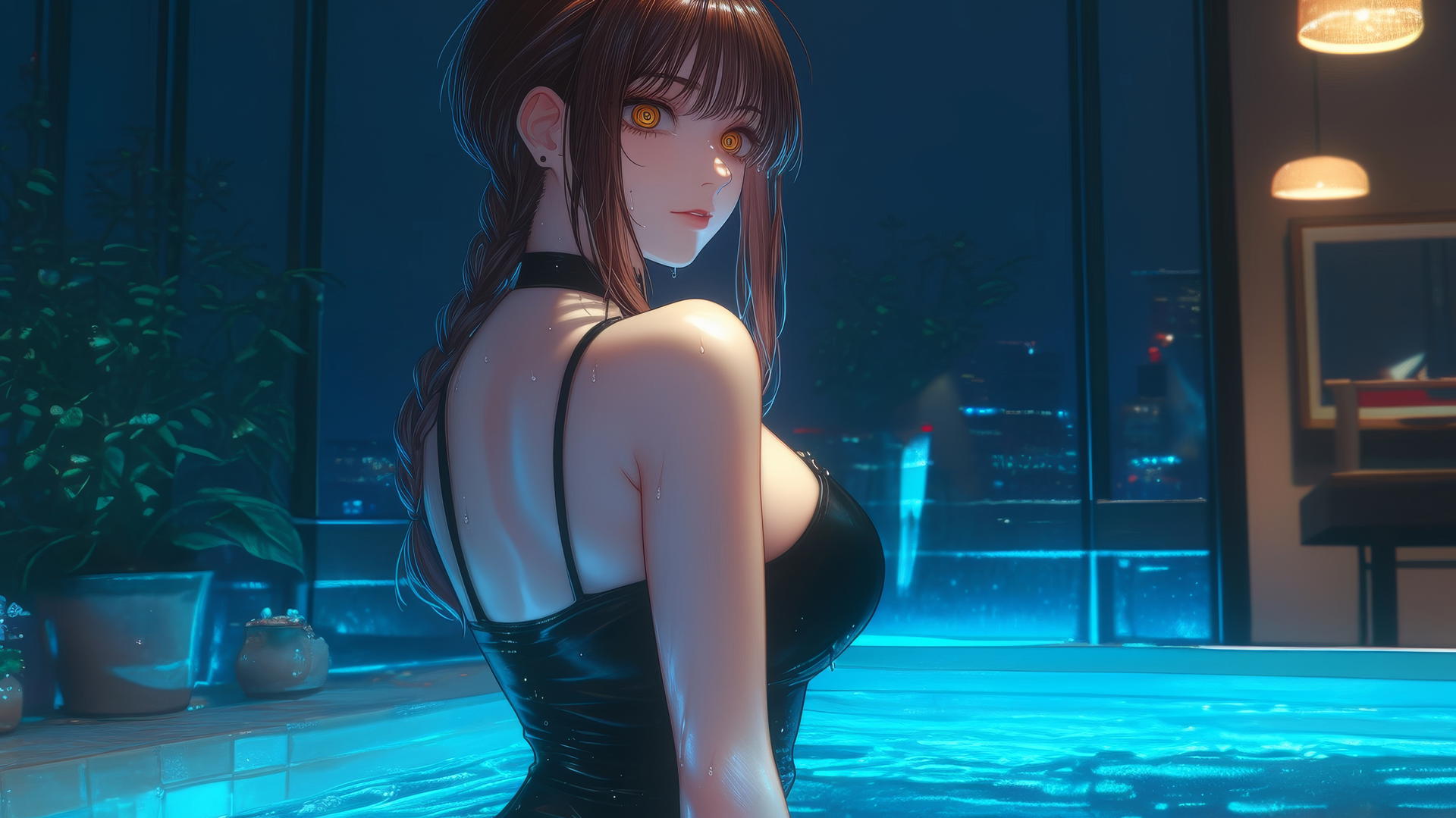 Makima from Chainsaw Man viewed from behind in a modern apartment tub, bathed in warm light.