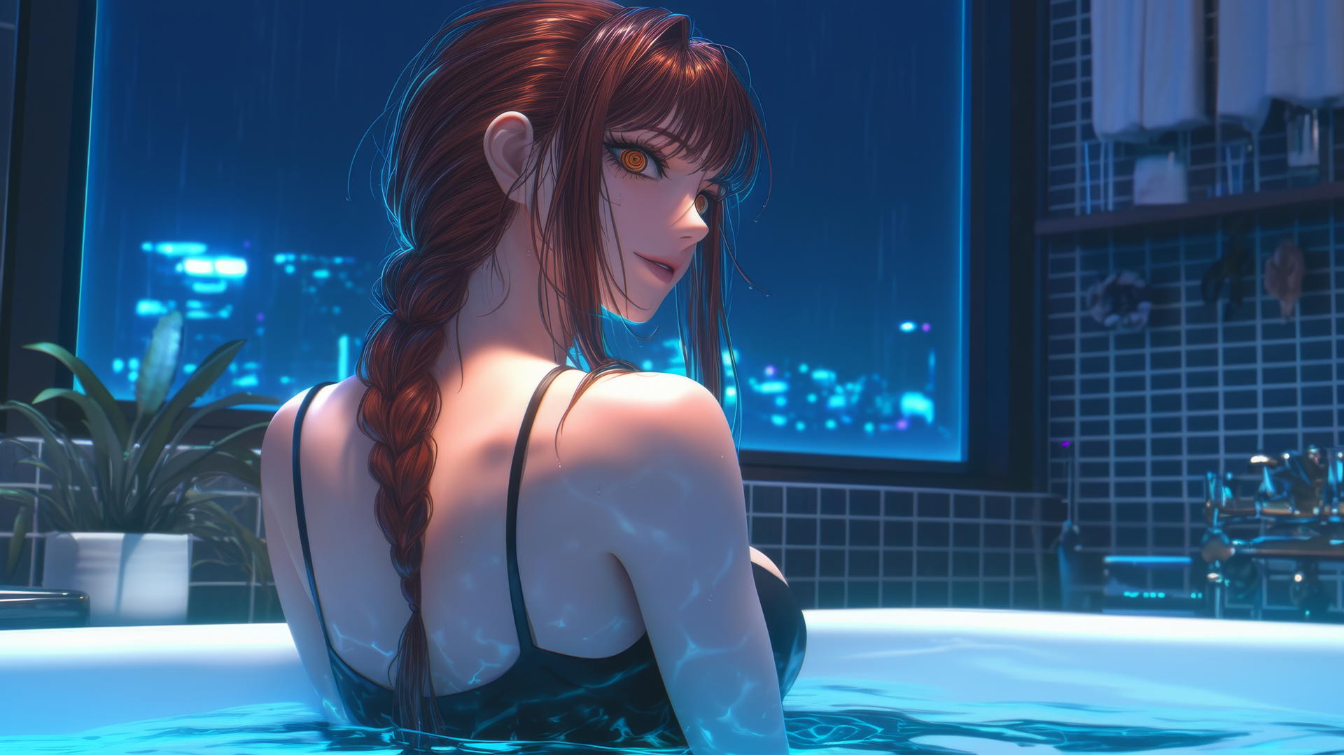 Makima from Chainsaw Man seen from behind in a modern apartment tub with soft warm lighting.