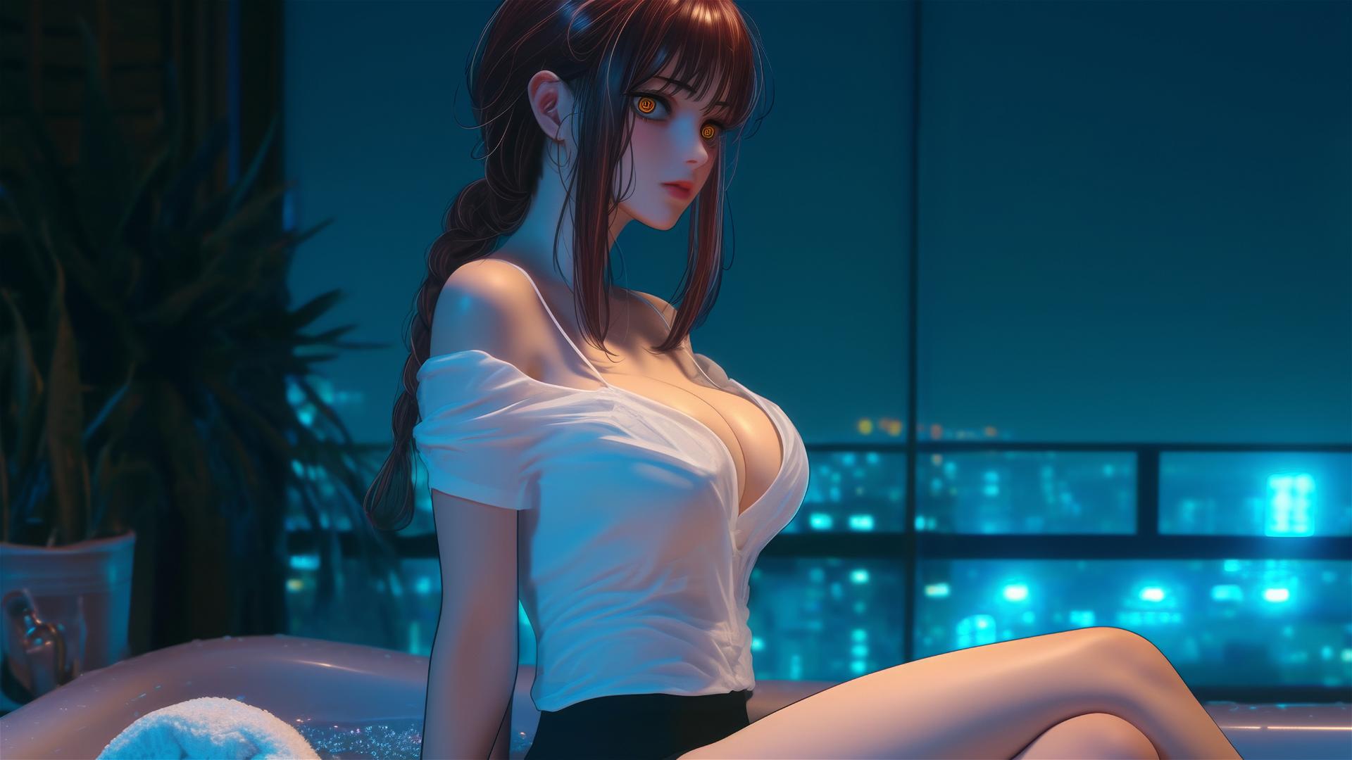 Makima from Chainsaw Man, seen from behind in a white outfit, standing by a tub in a modern apartment, with warm light casting a soft glow on her figure.