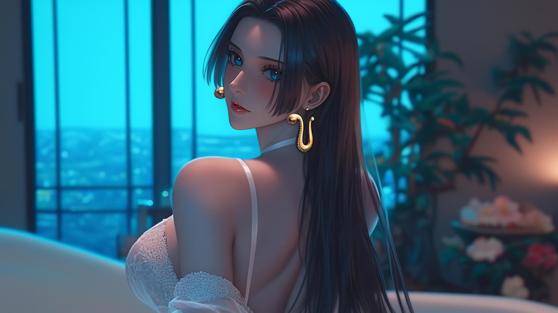 Boa Hancock from One Piece in a modern apartment with warm light