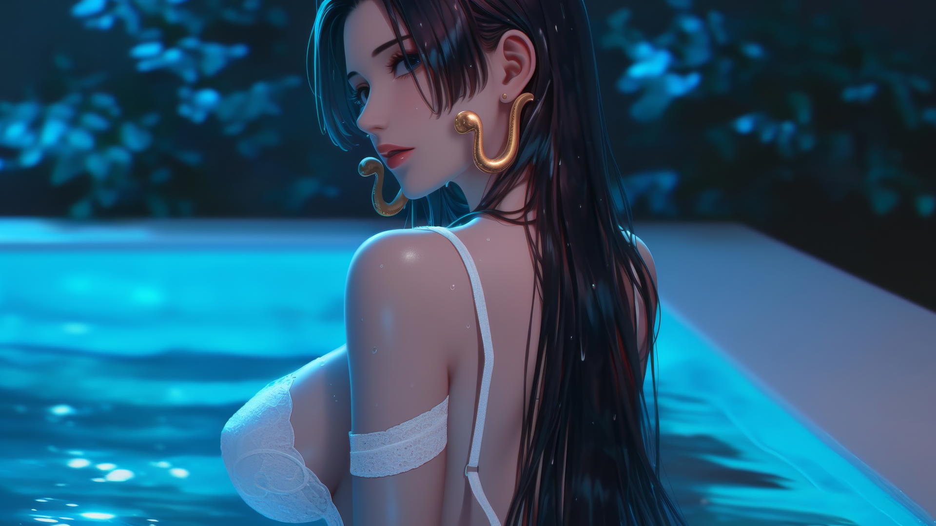 Boa Hancock from One Piece, viewed from behind, in a modern apartment tub with warm light.