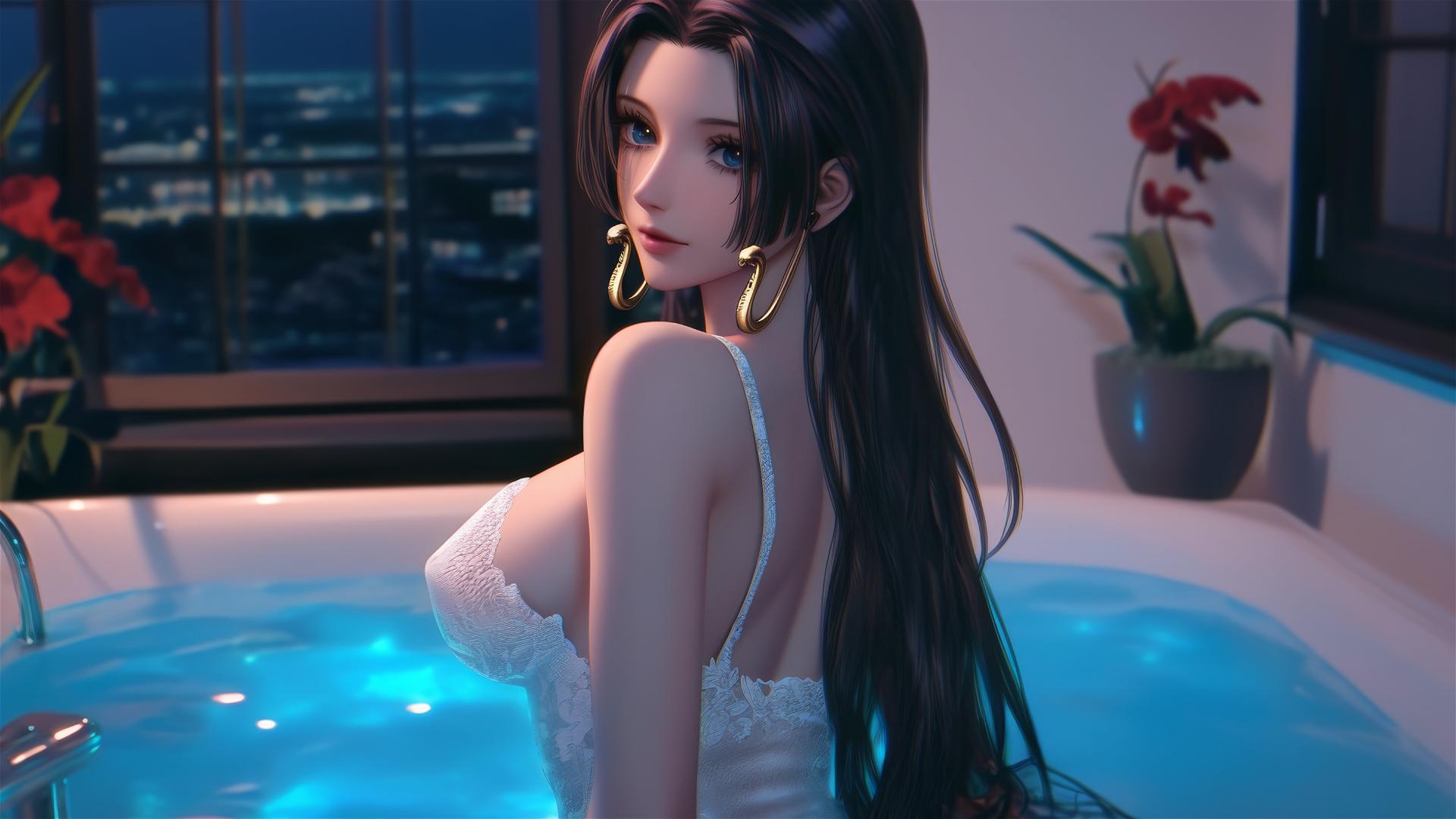 Boa Hancock from One Piece viewed from behind in a modern apartment in white attire.