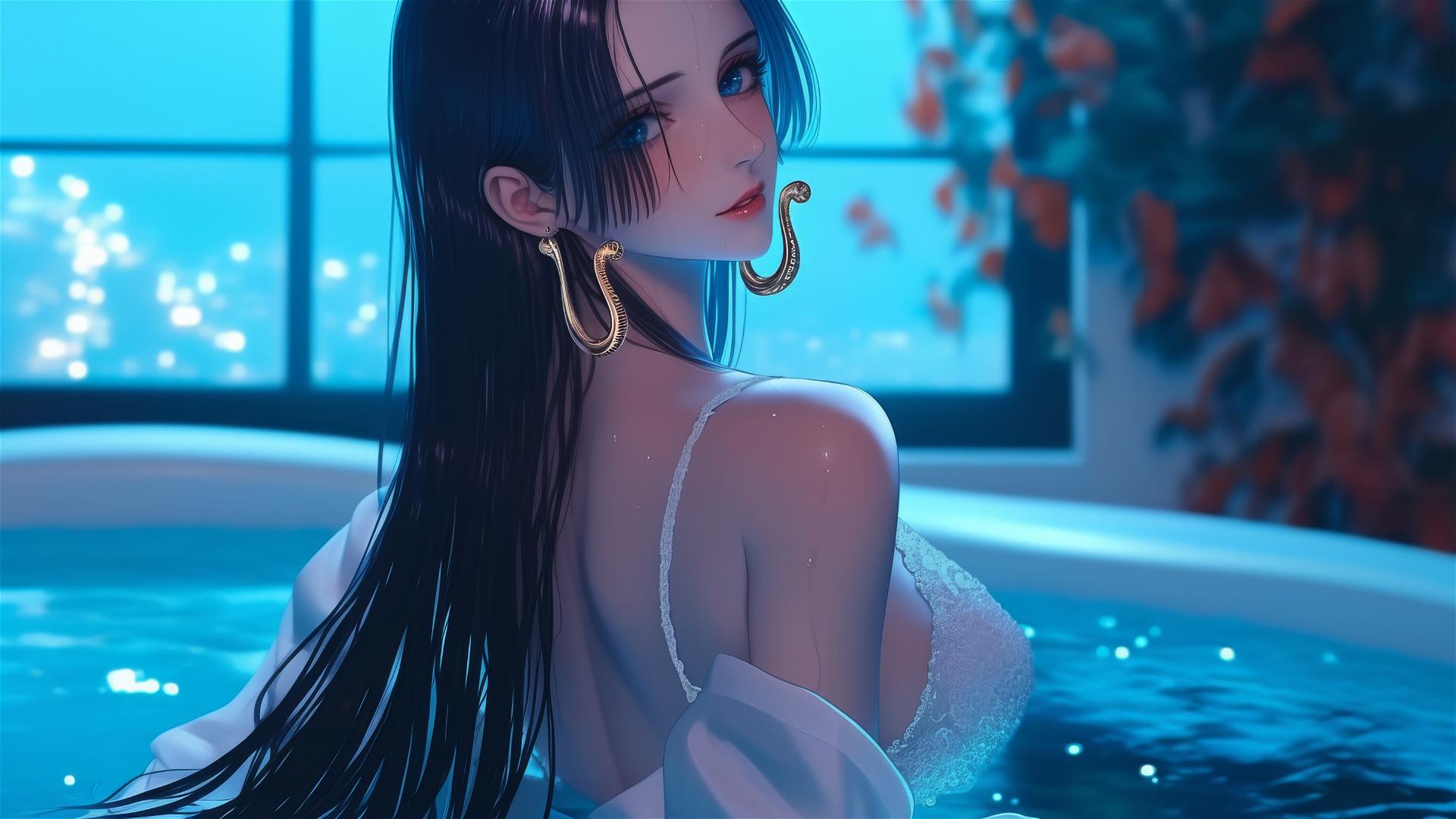 Boa Hancock from One Piece in a white outfit, viewed from behind, in a modern apartment tub with warm lighting.