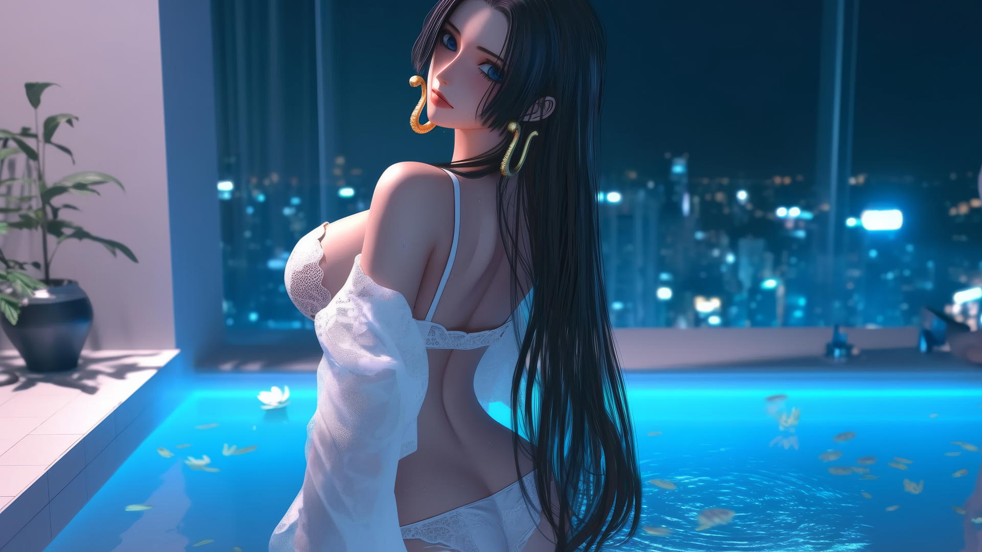 Boa Hancock from One Piece, viewed from behind, in a white outfit at a tub in a modern apartment with warm light.