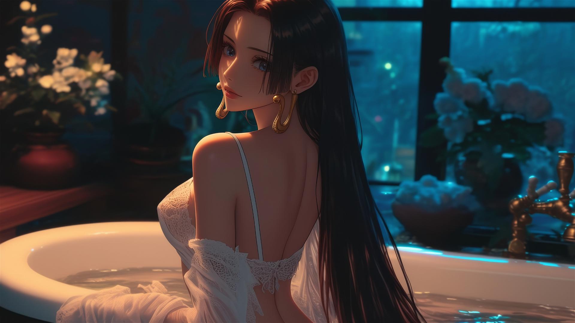 Boa Hancock from One Piece, wearing white, in a modern apartment's tub with warm, soft lighting