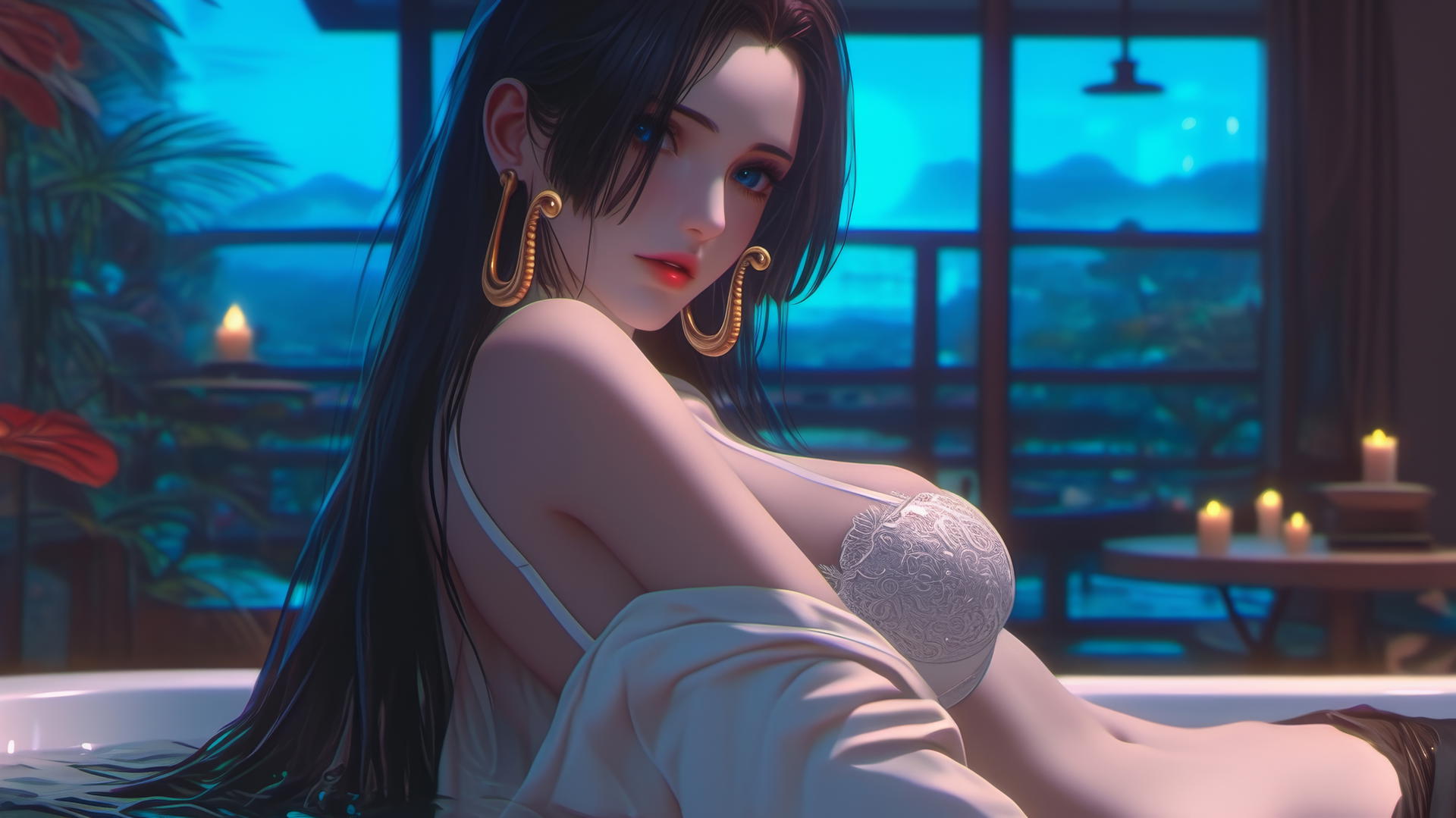 Boa Hancock from One Piece, seen from behind in a white outfit, standing beside a bath in a modern apartment with warm light casting a glow on her